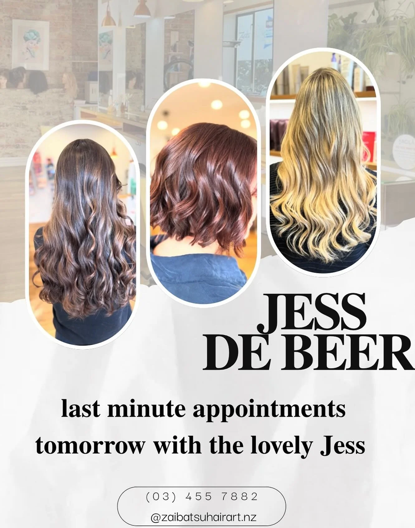 LAST MINUTE APPOINTMENTS!!
Needing a refresh? 
Get in quick while spots are available.
@jessaxlrose_hair 

#zaibatsuhairart #davroe #evo #hairsalon #dunedin #seniorstylist #haircut #colour