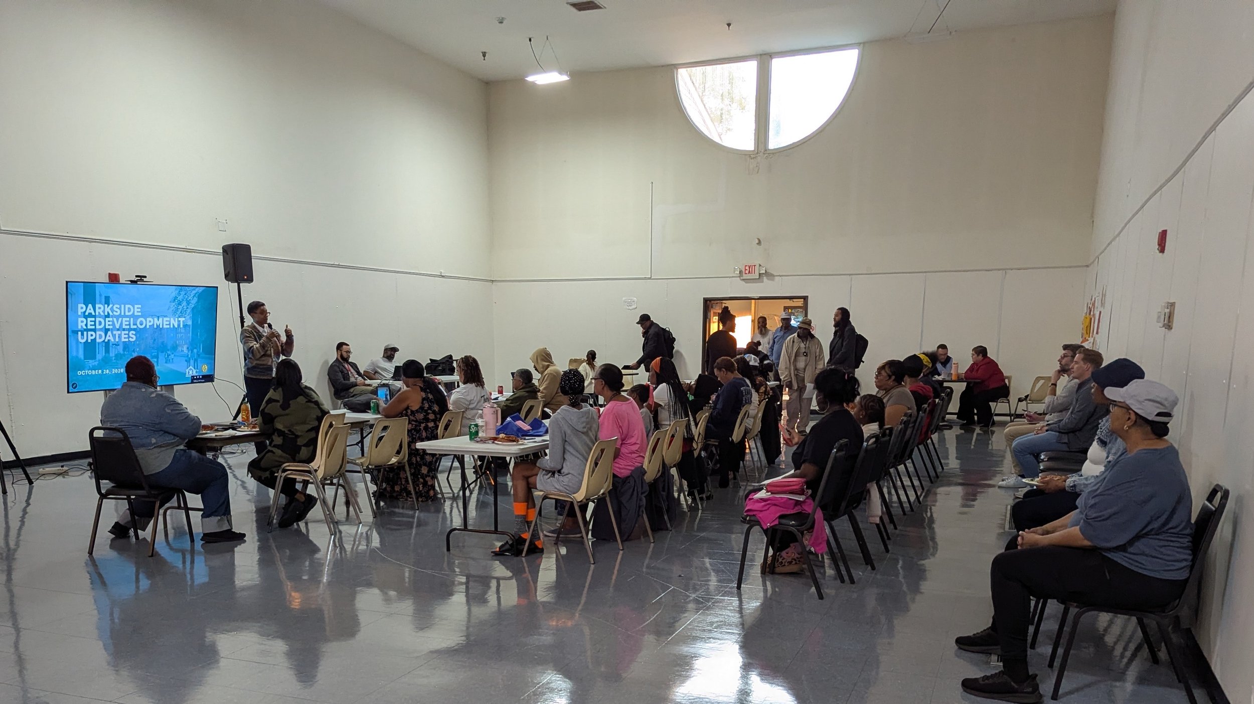 Residents attend the October 28, 2026 Parkside redevelopment community meeting.