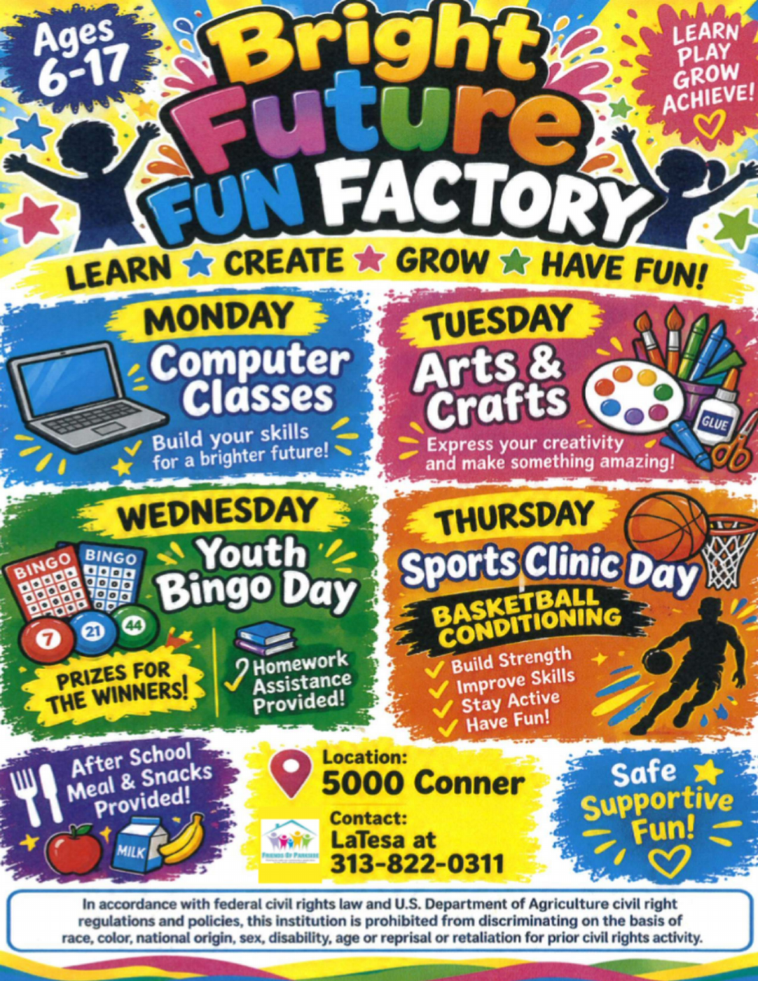 Bright Futures Fun Factory flyer for ages 6–17, with weekly activities, meals, snacks, homework assistance, and contact LaTesa at 313-822-0311.