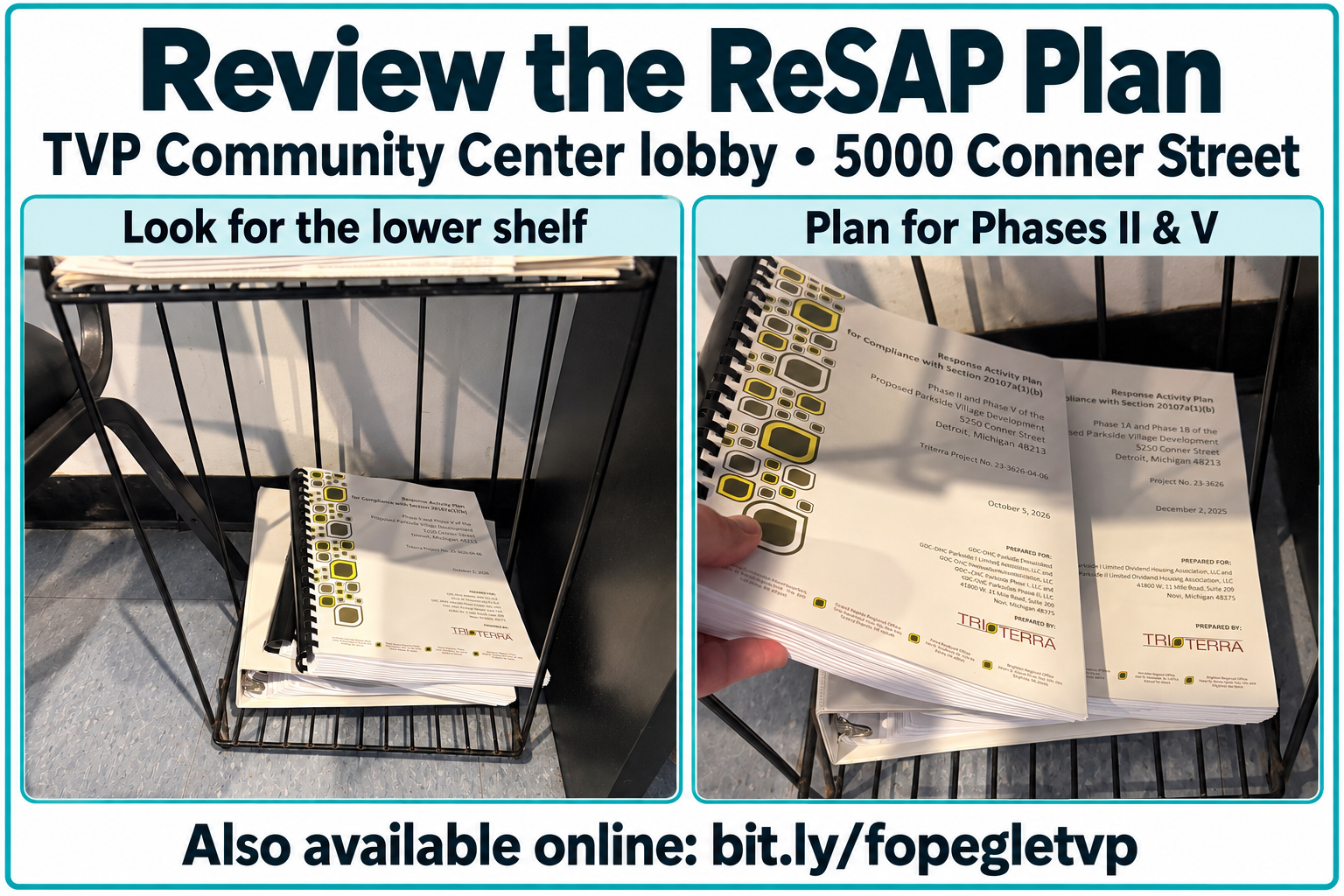 ReSAP plan on the lower shelf in the TVP Community Center lobby at 5000 Conner Street