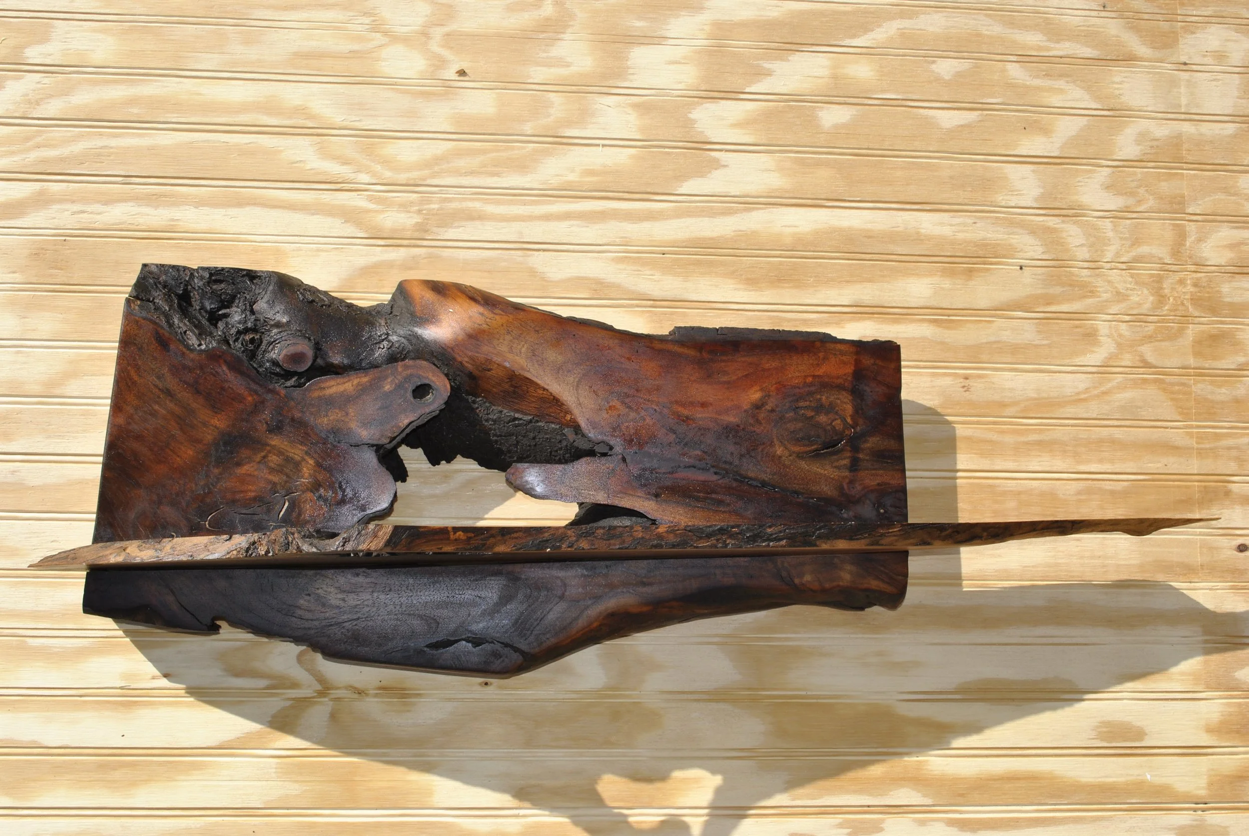 A piece of polished, dark wood with natural grain patterns, resting on a light wooden surface.