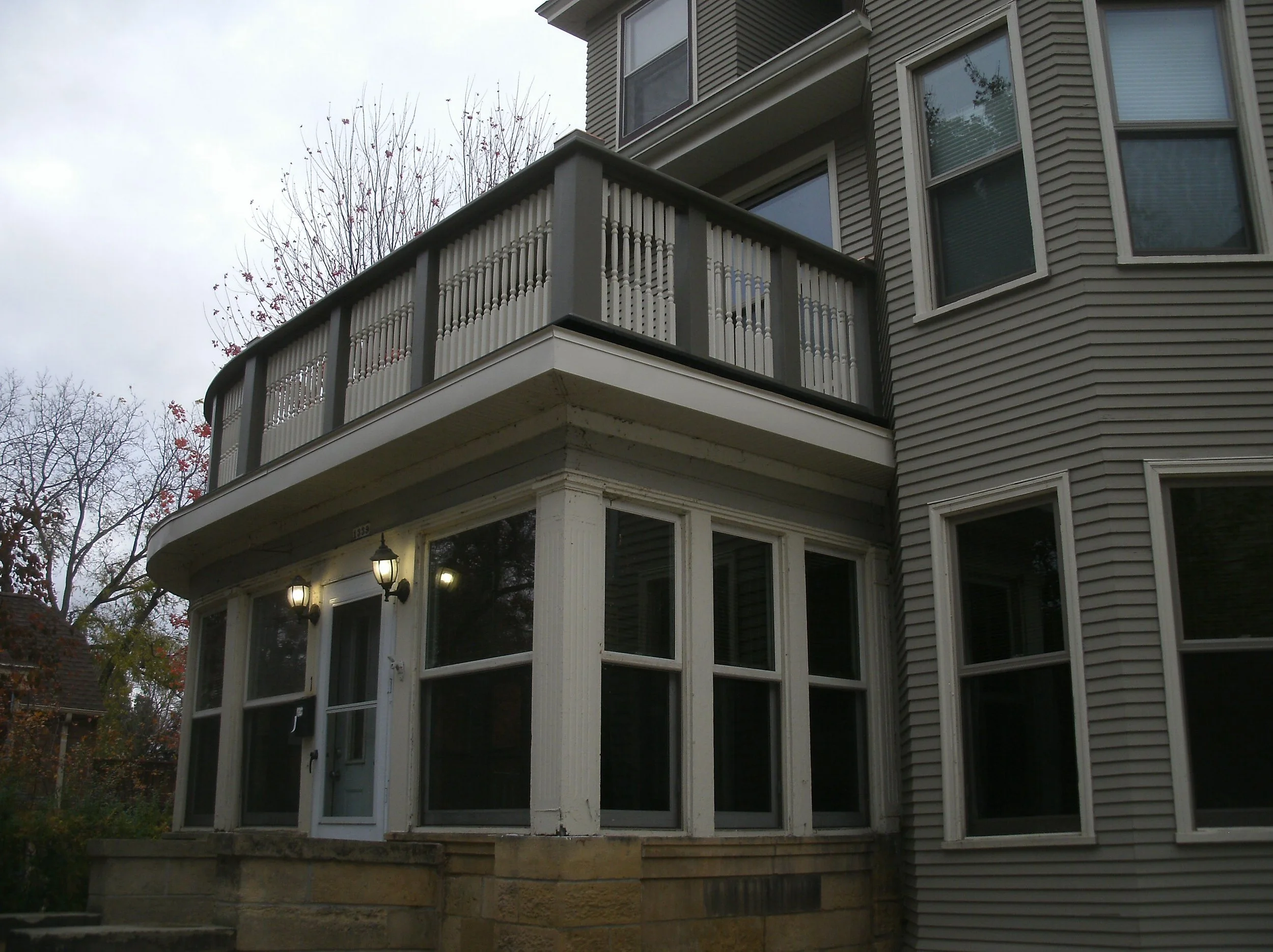 View from the ground West end railings installed and painted.