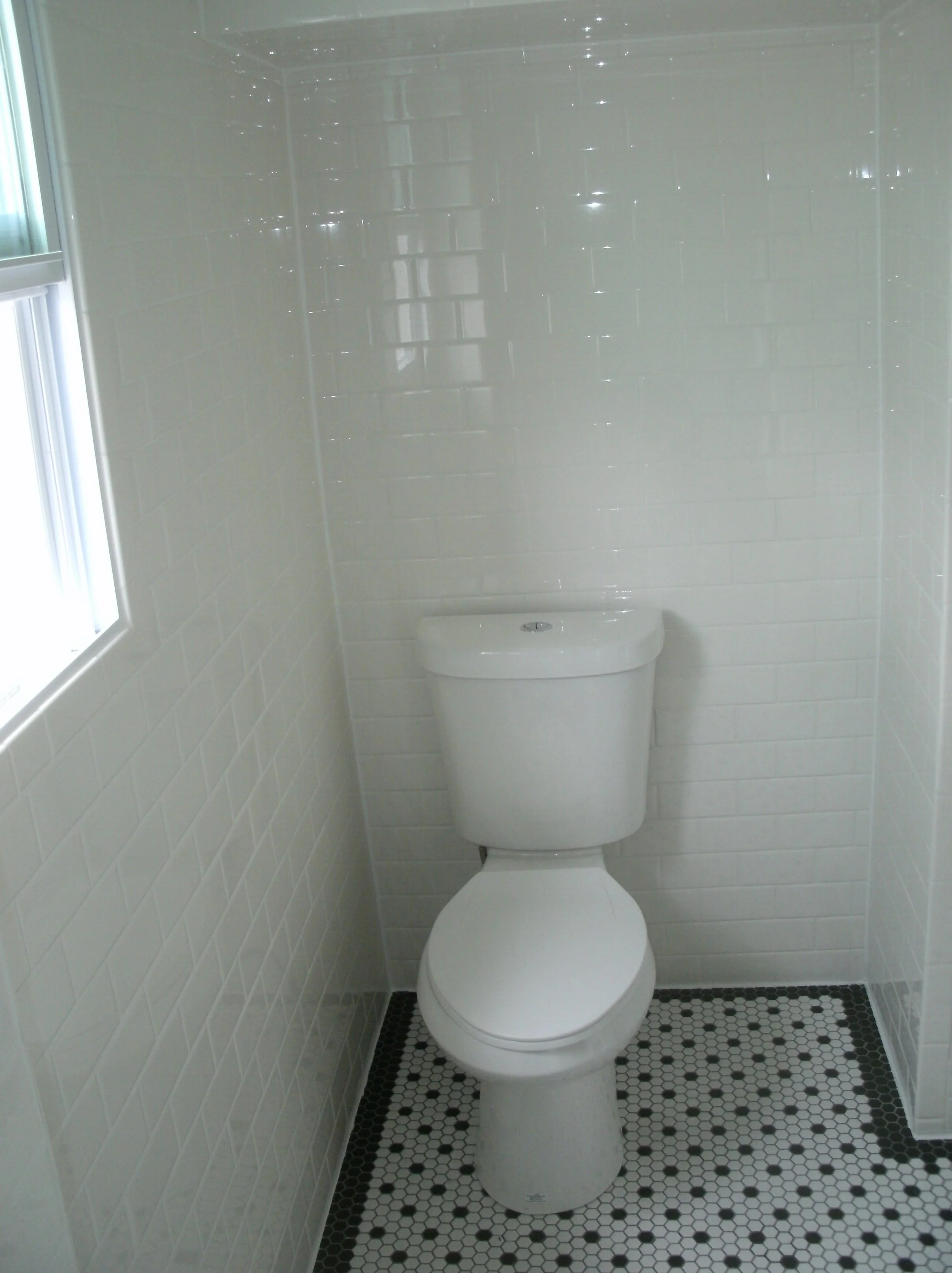 Full view of the toilet alcove. Note space right of toilet for eventual shelving unit.