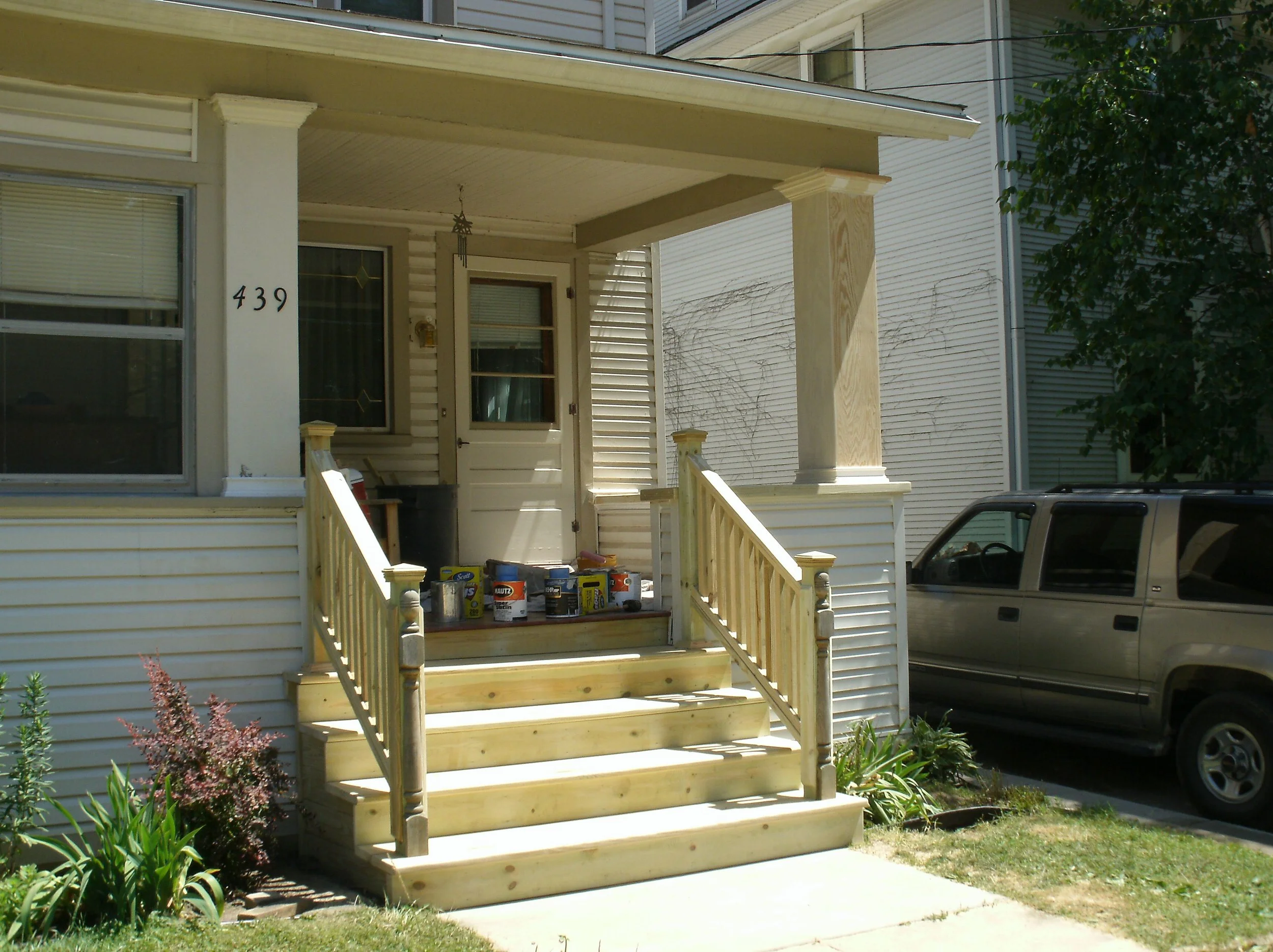 Full view of new stairs and new support post.	