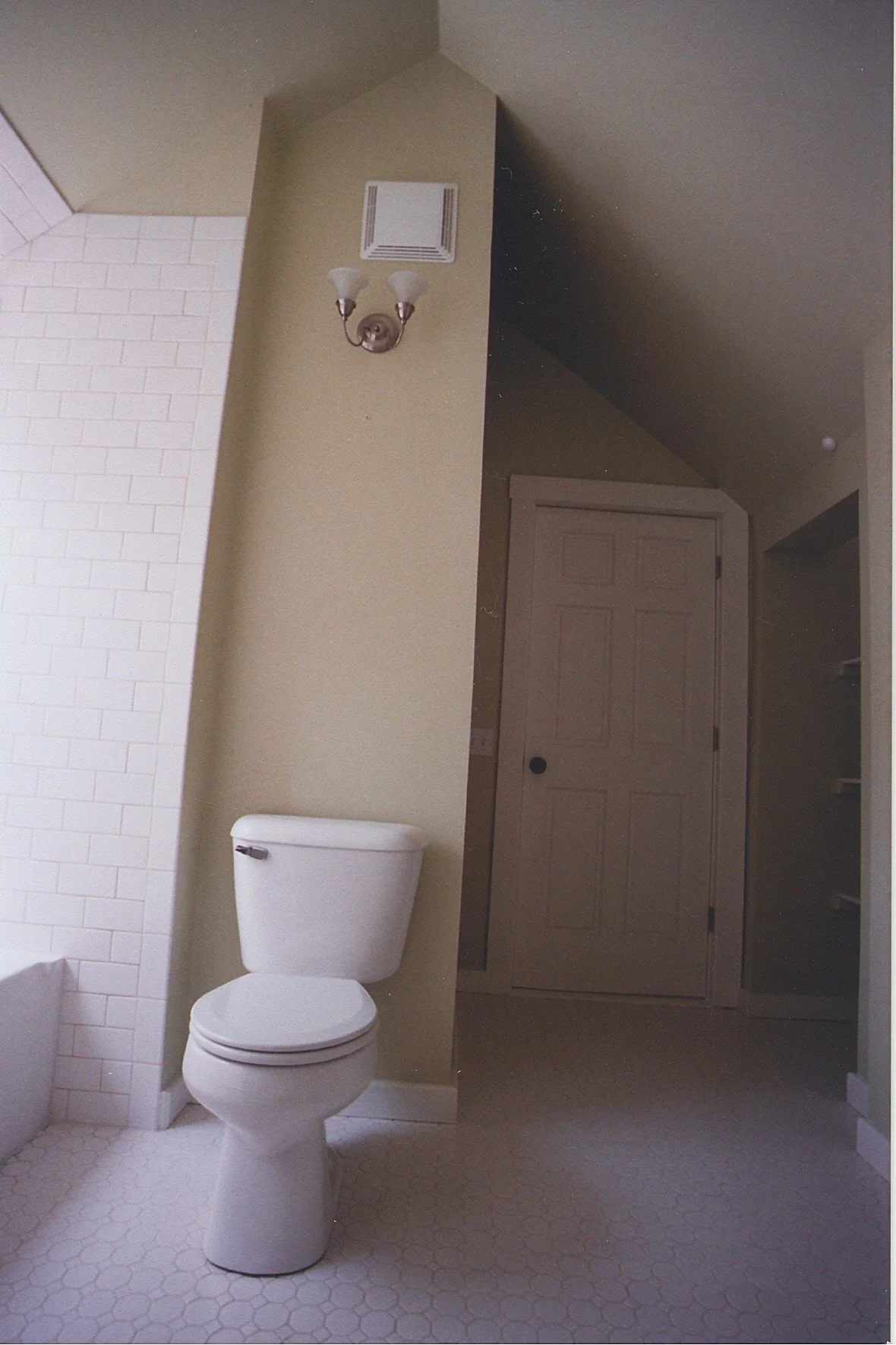 Toilet with uplifting high ceiling. I am so glad they let me remove the original low, flat ceiling!