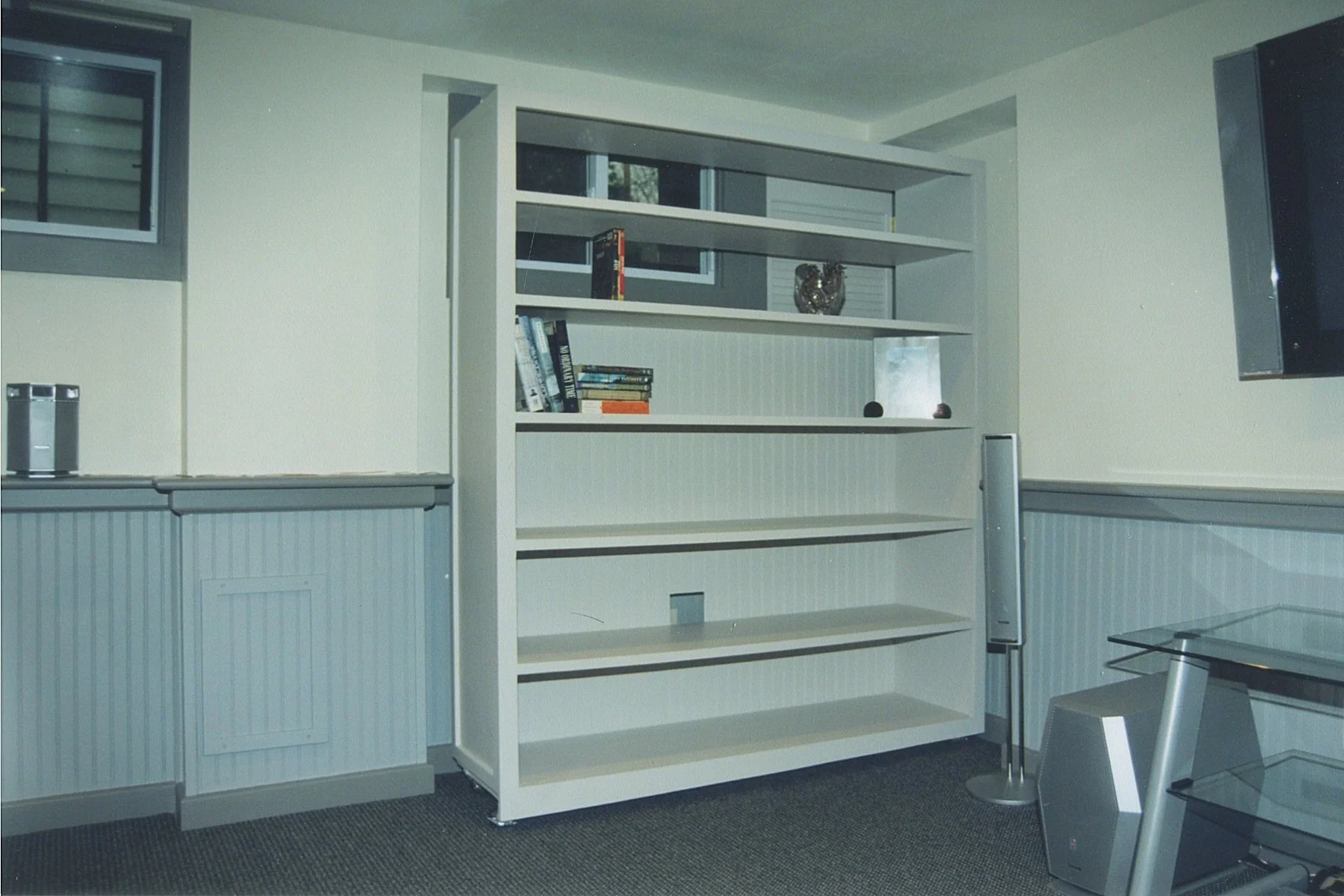 View of the walls, wainscot, movable bookcase, and two basement windows