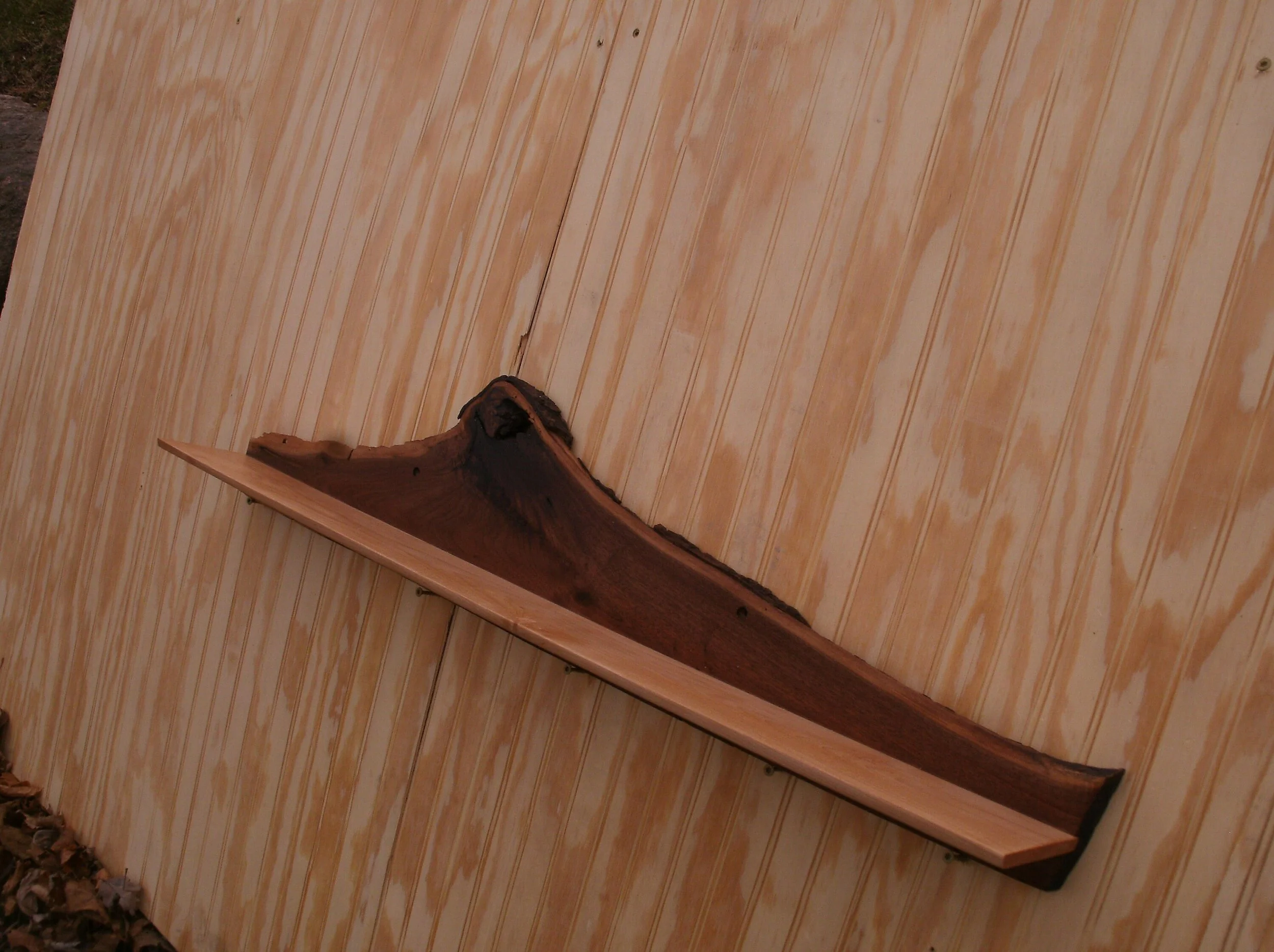 A wooden floating shelf with a natural, curved shape, mounted on a light-colored, vertically striped wooden wall.