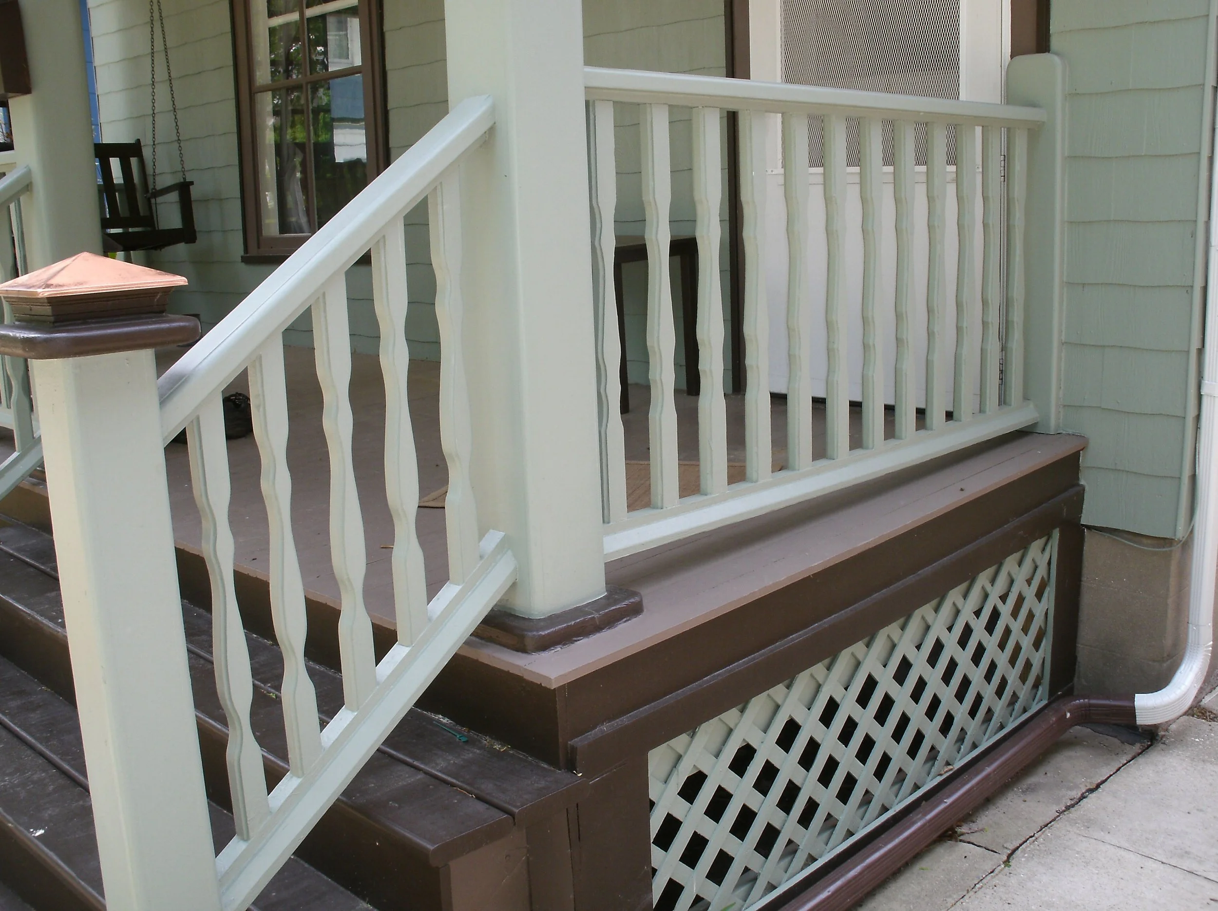 Side view: new rails, decking, post, stairs, lower lattice