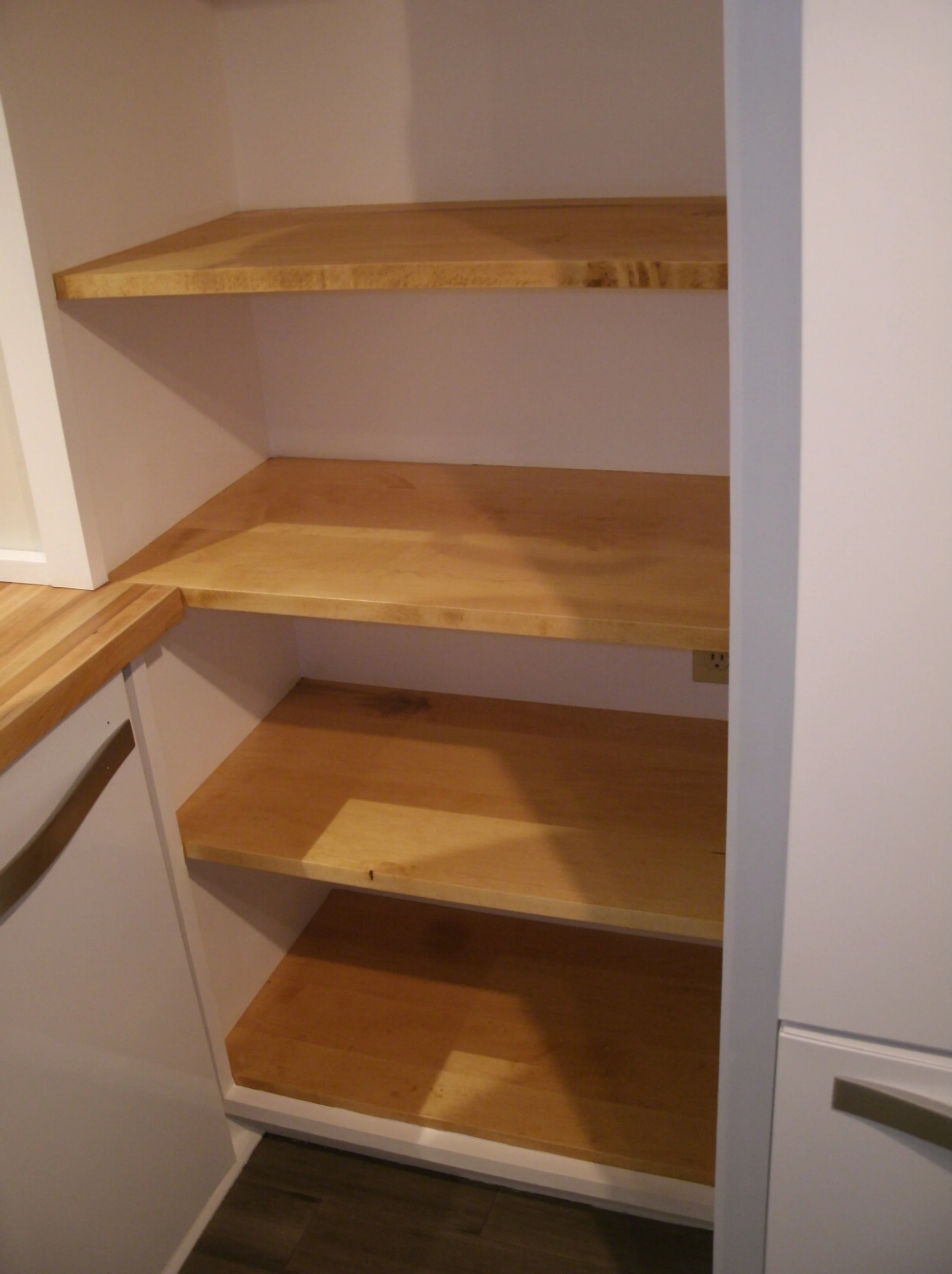 Another view of the shelves between sink countertop and refrigerator box