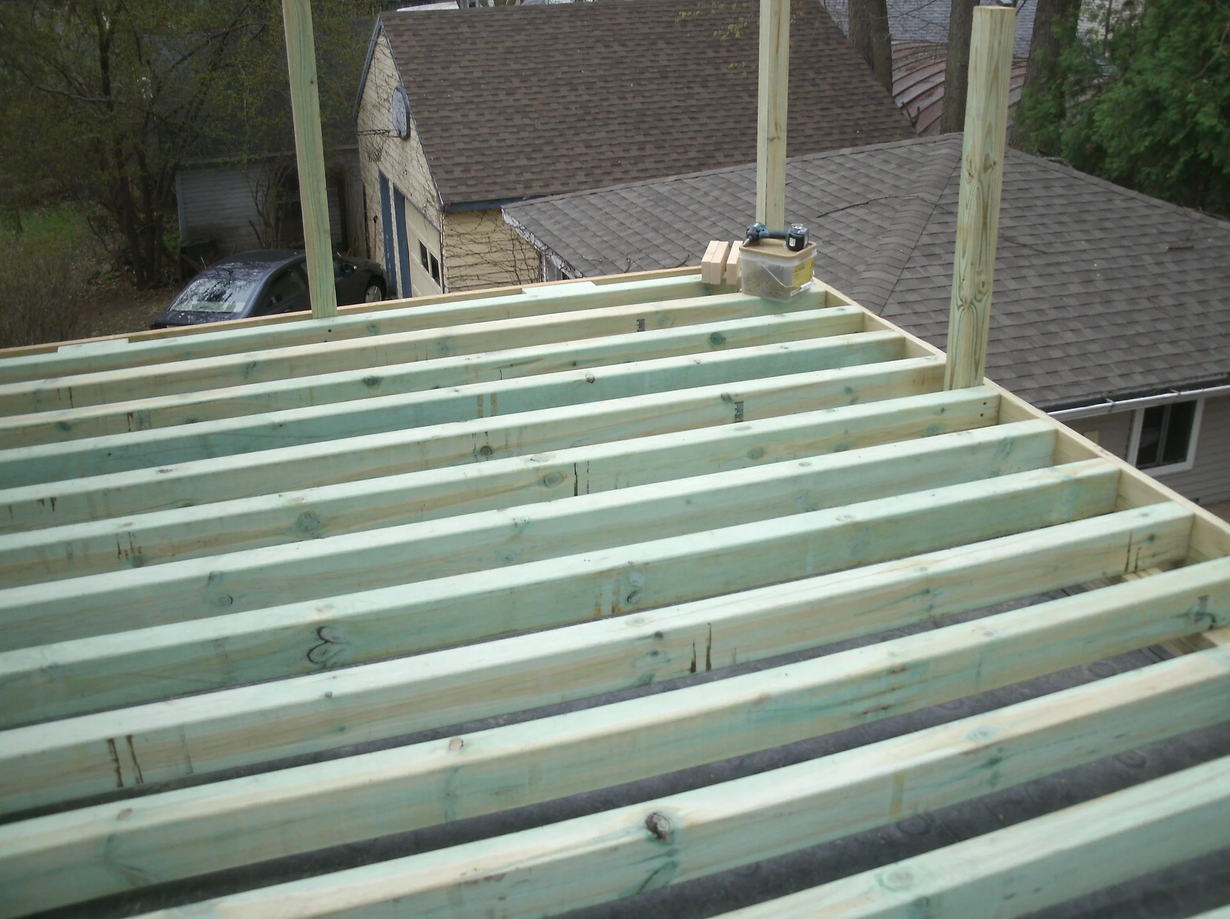 Joists in and posts starting to be installed.