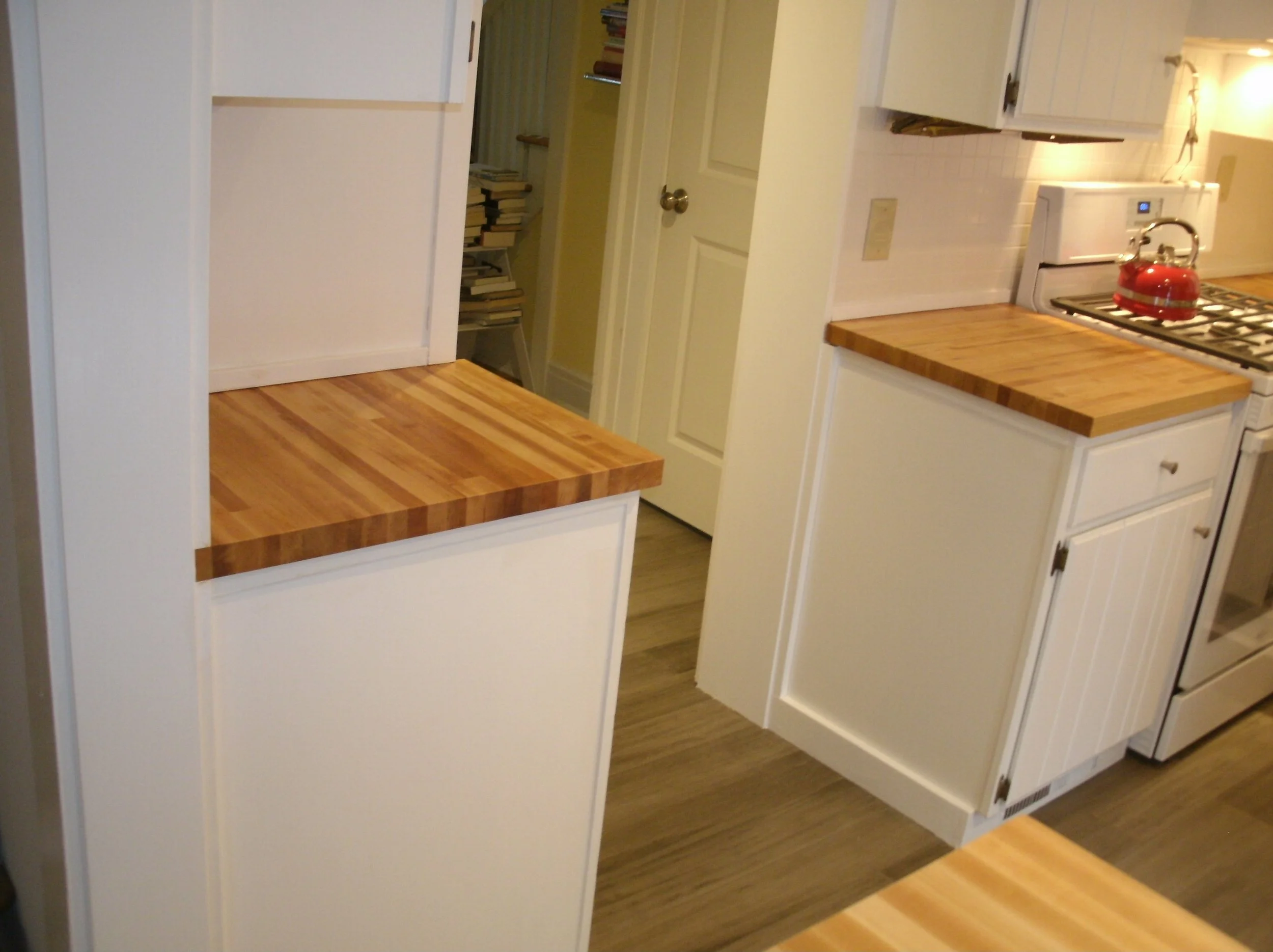 View of several butcher block countertops