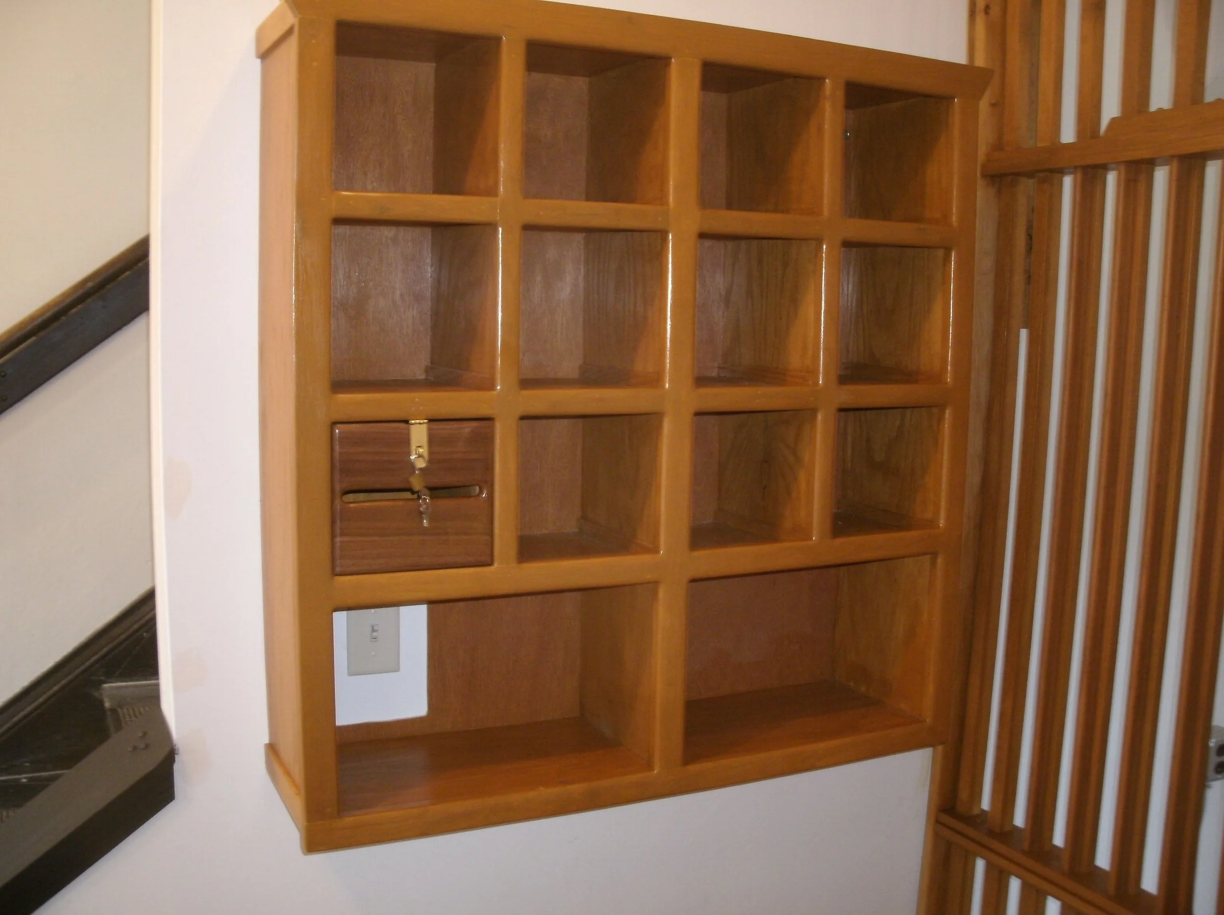Mail rack, and rent payment lock box and adjacent room divider