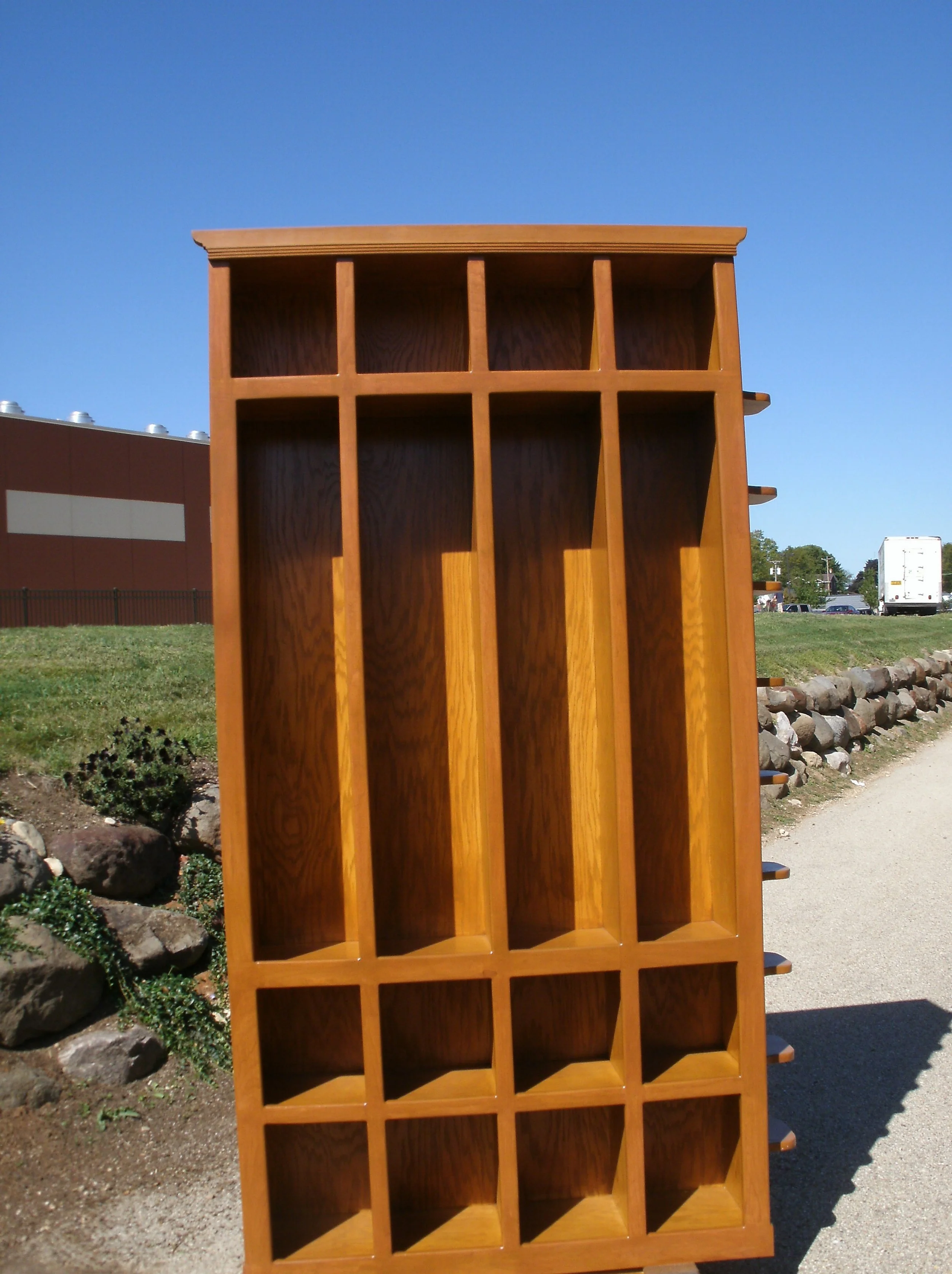 Entry hall oak-faced coat and boots storage unit