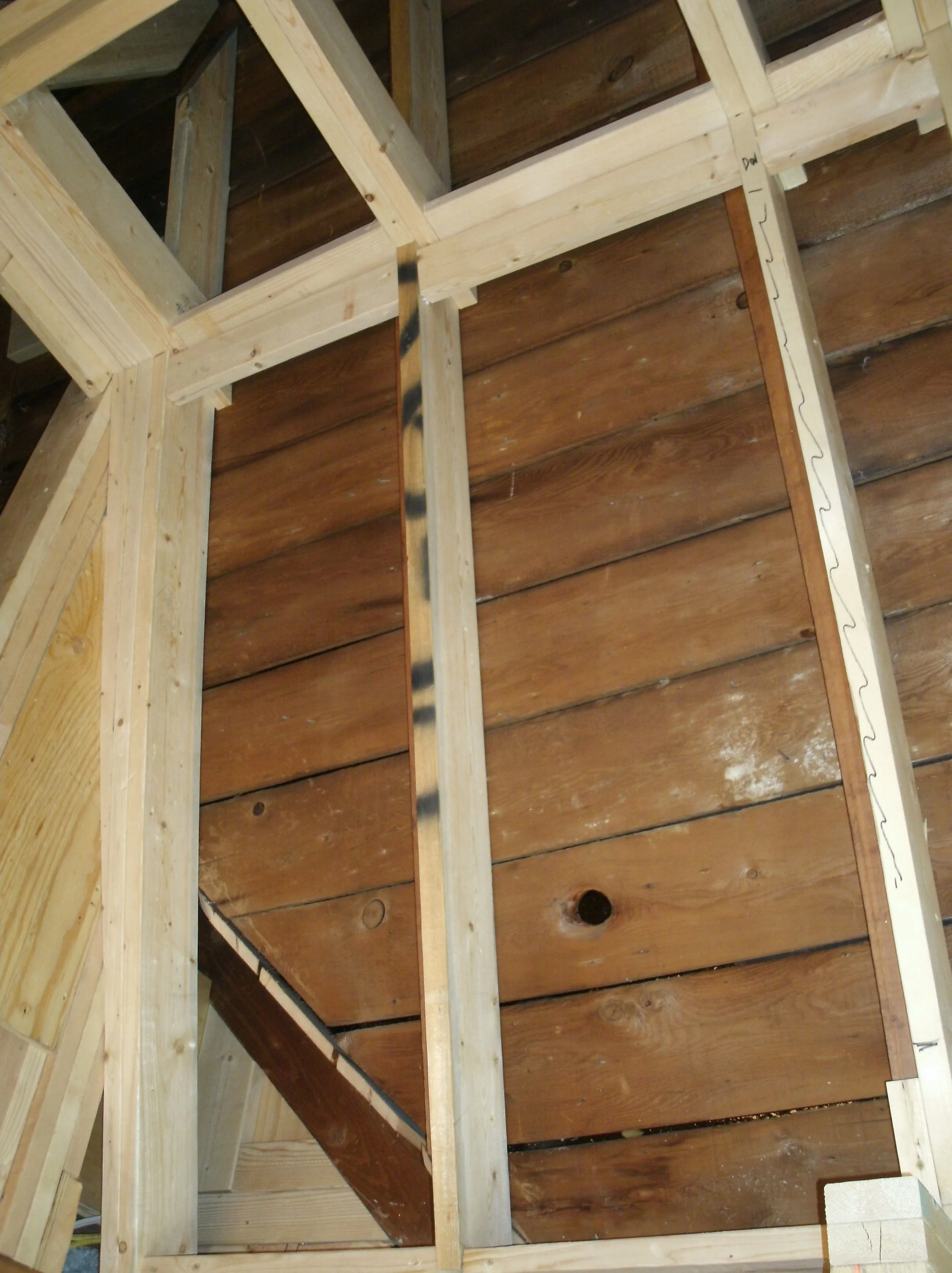 New rafters installed and augmenting existing. New drop ceiling for fan/electric.