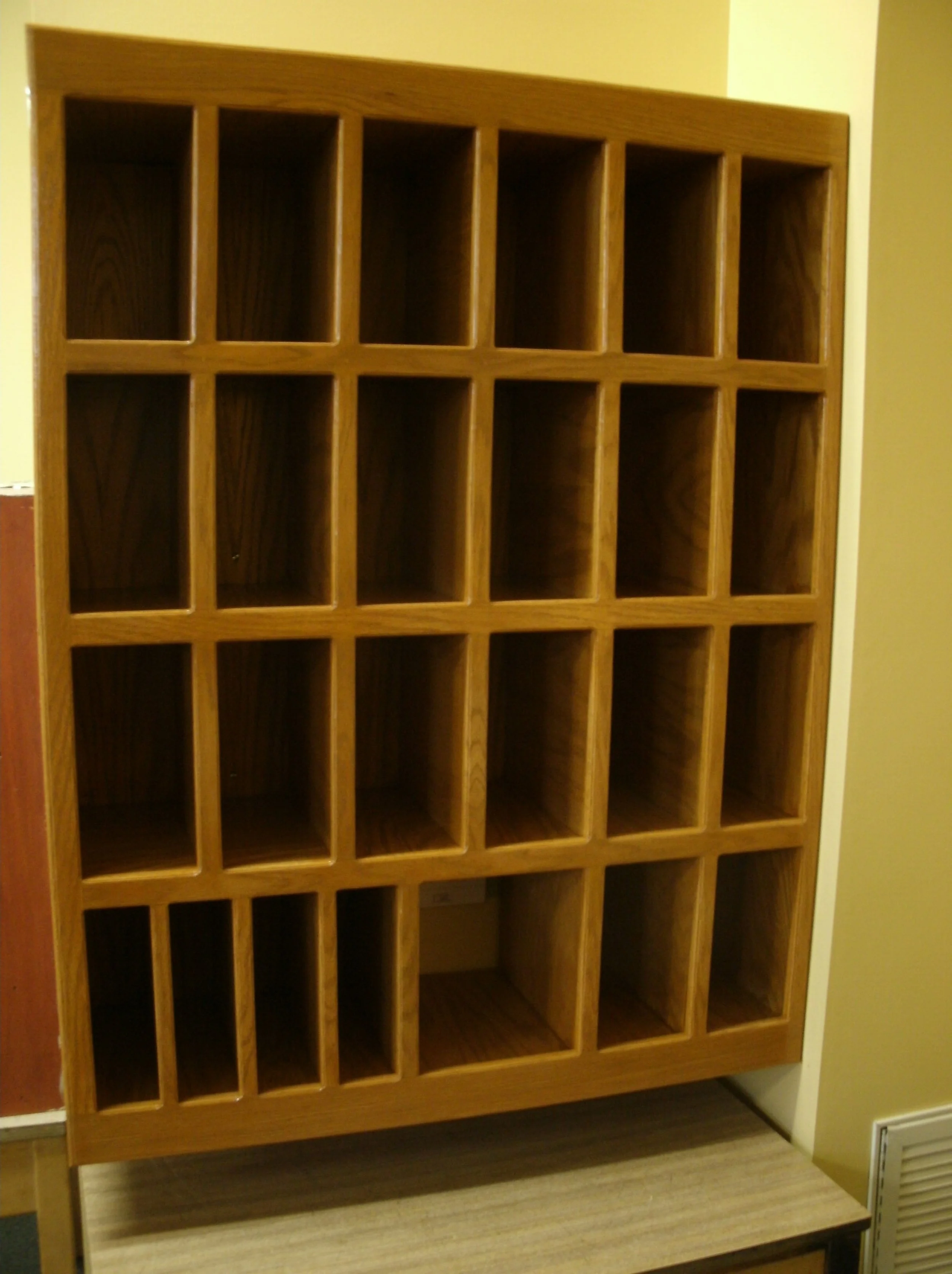 I fabricated and installed this oak office mail routing unit