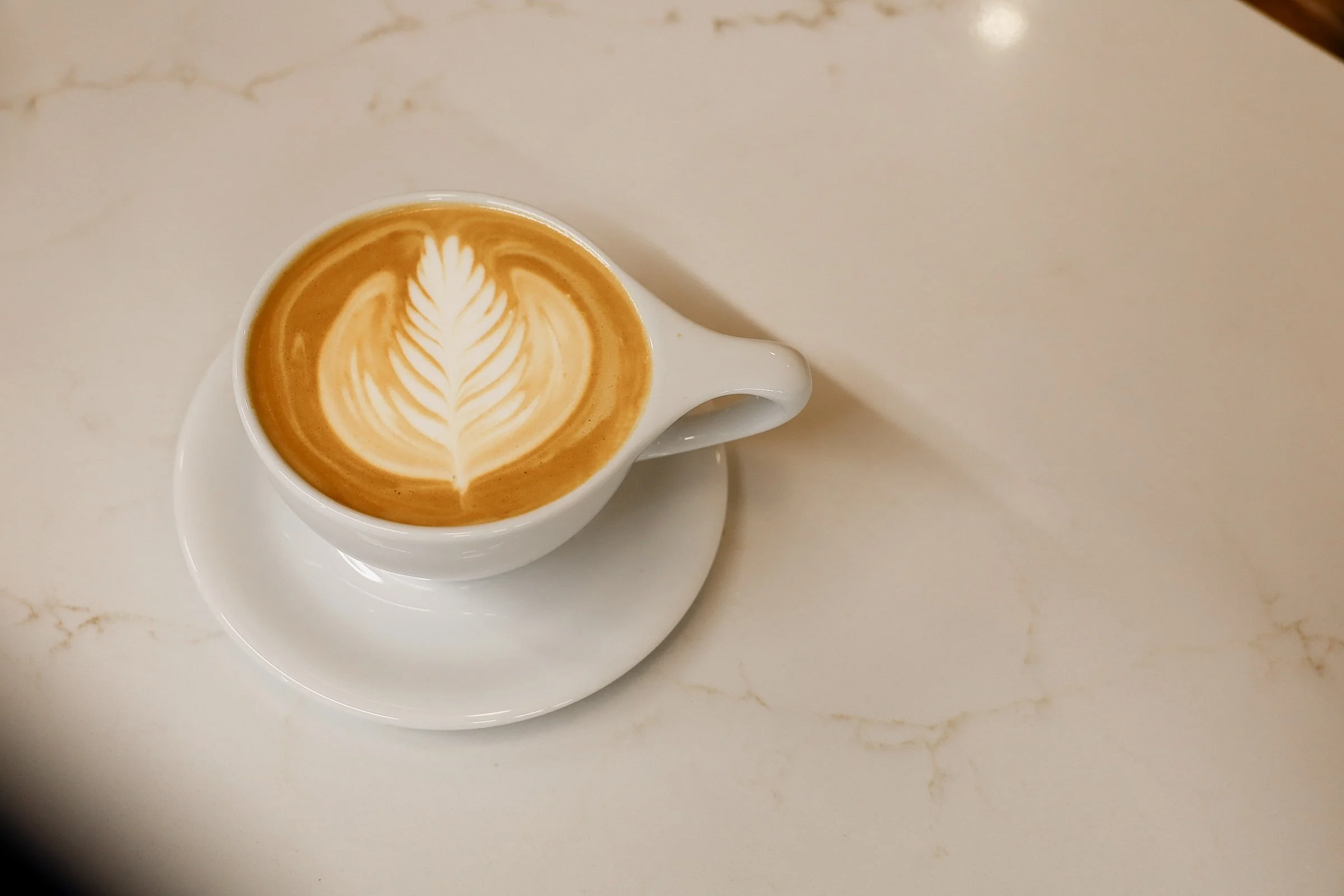 Cup of latte with leaf latte art on white marble table.