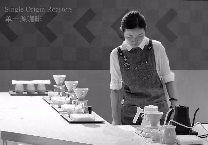 Person in apron preparing coffee with pour-over method at Single Origin Roasters.