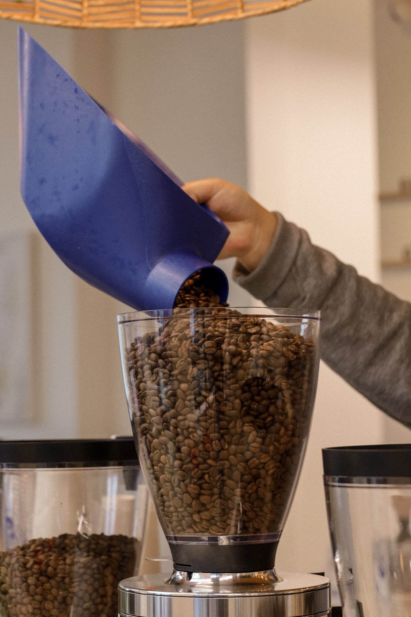 Person pouring coffee beans into a grinder's hopper with a blue scoop.