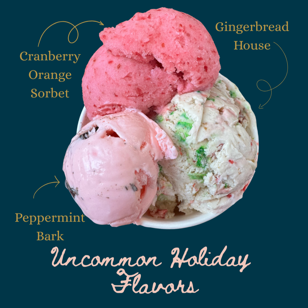 large ice cream cup with gingerbread ice cream, cranberry orange sorbet and peppermint bark ice cream