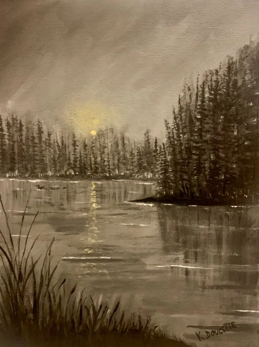 Monochrome painting of a serene lake scene with trees, a cabin with lights, and a setting sun reflecting on the water.