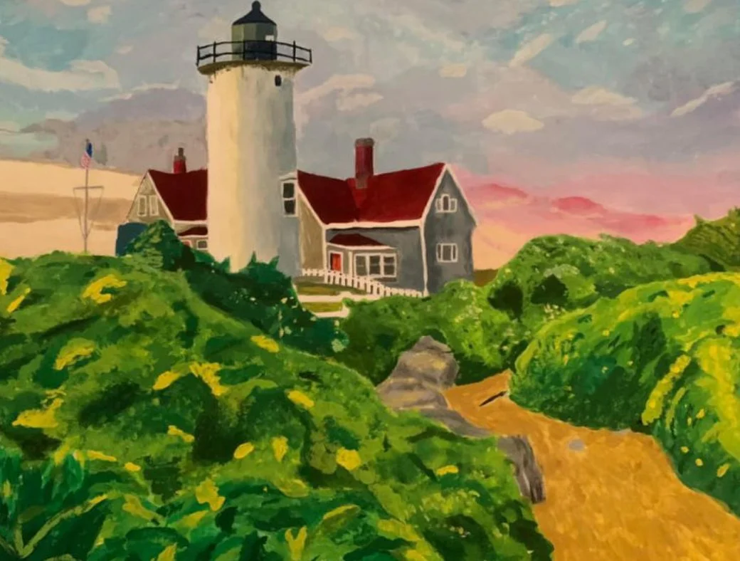 Painting of a lighthouse with a red-roofed house surrounded by green foliage; an American flag is visible, with a pastel sky in the background.