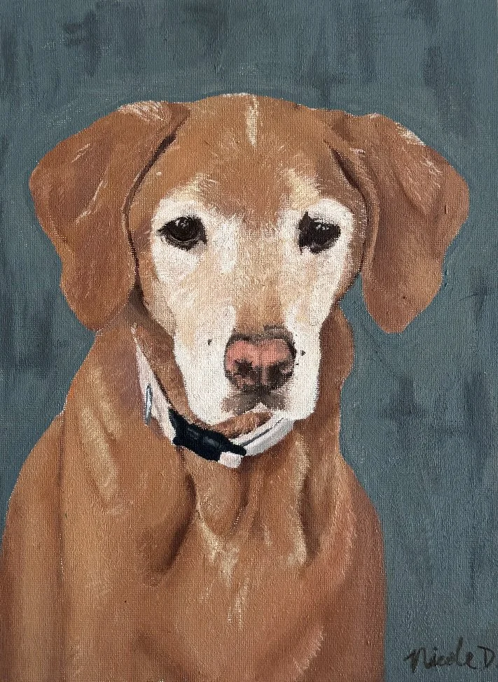 Painting of a brown dog with a white muzzle and a black collar, set against a dark teal background.