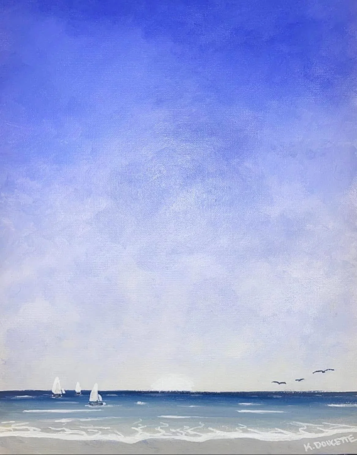 Painting of a seascape with sailboats and birds