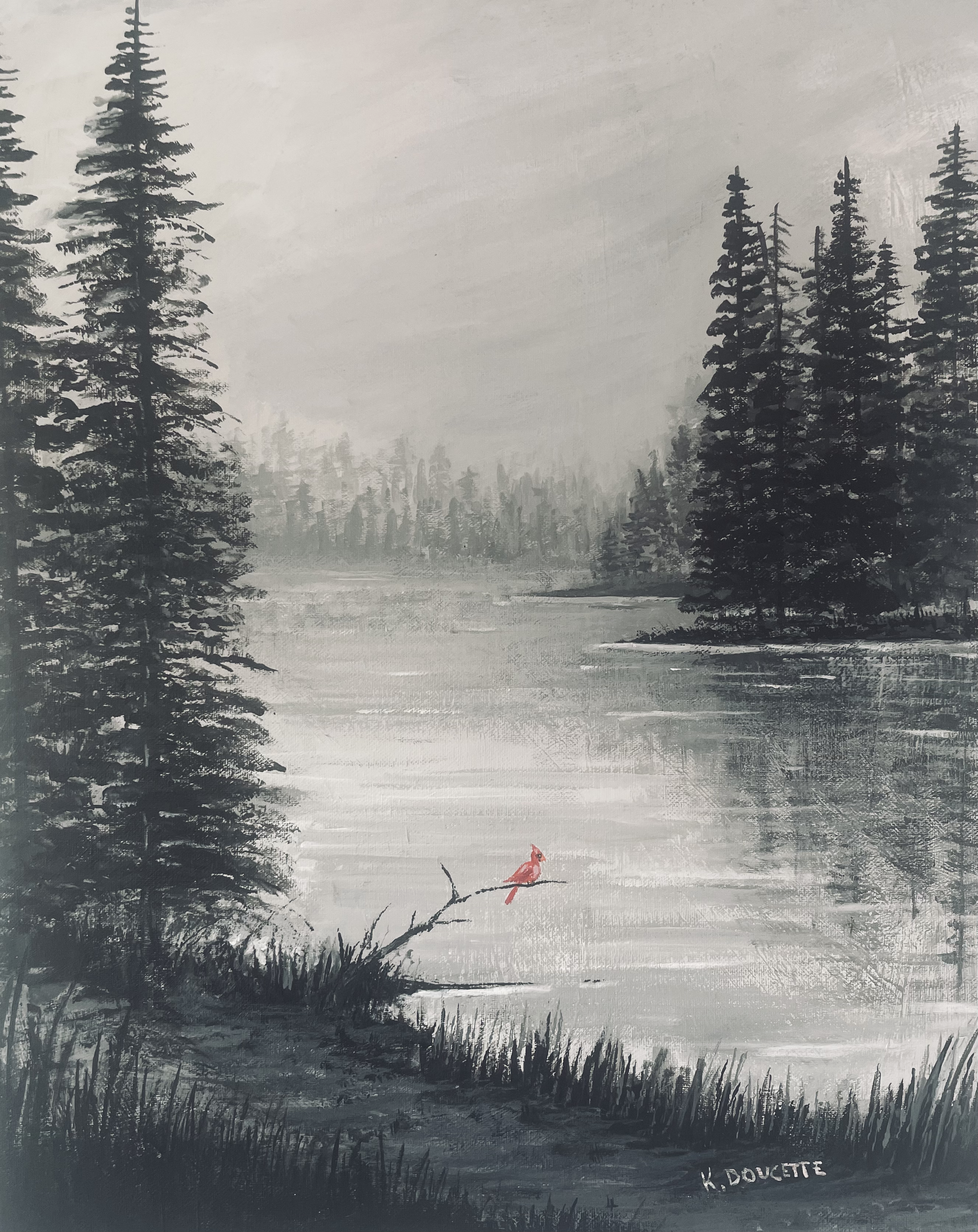 Monochromatic painting of a forested lake with a single red bird perched on a branch.