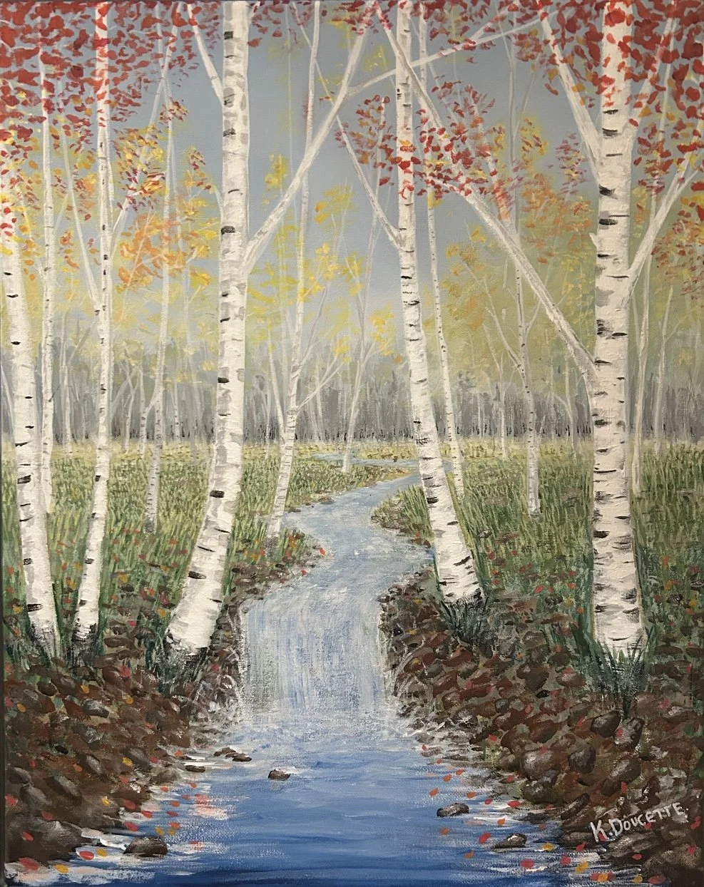 A painting of a forest with birch trees and a winding stream. Trees have white bark and are surrounded by red and yellow autumn leaves. The stream flows through the forest, bordered by rocks and grasses.
