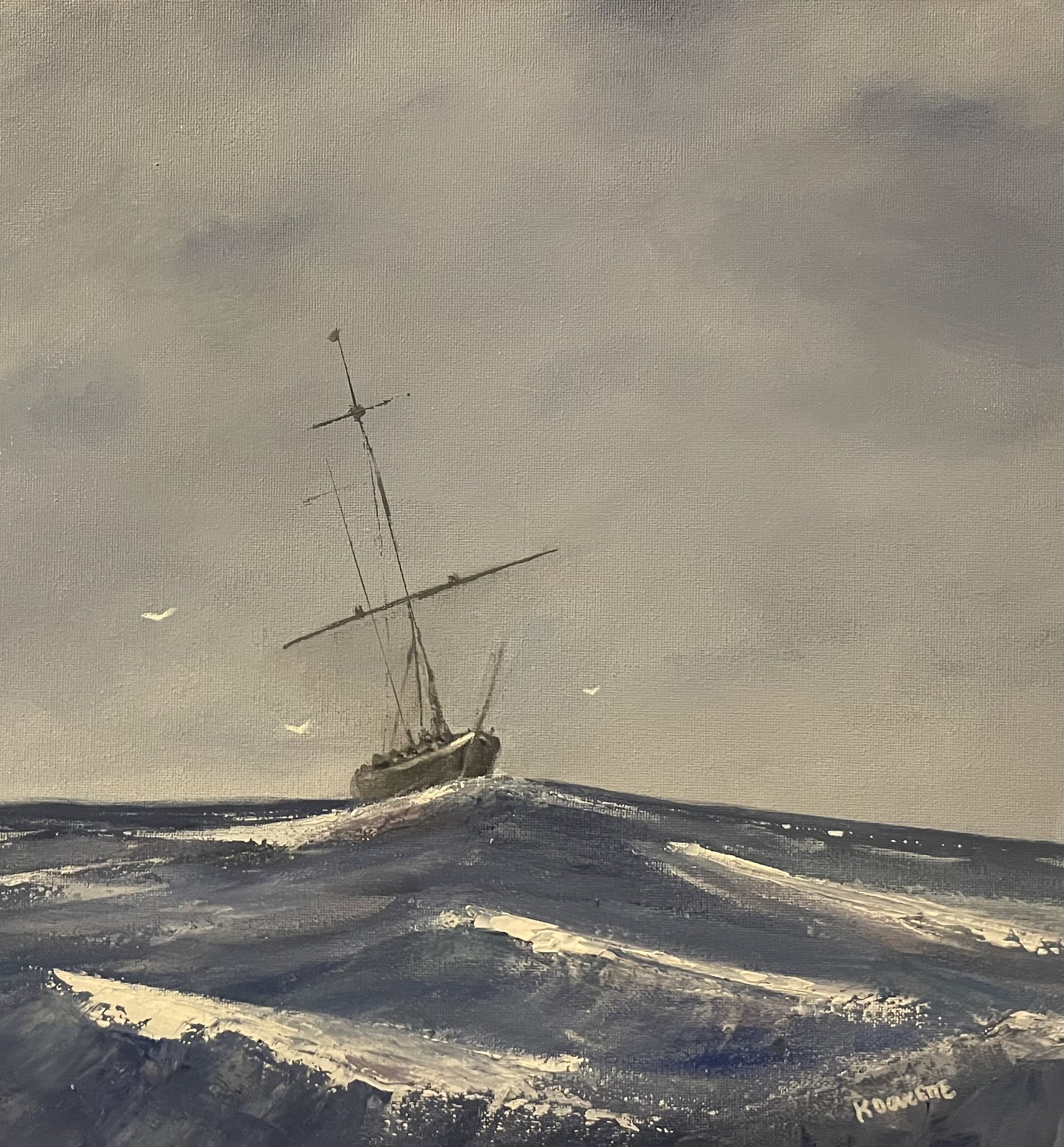 Painting of a sailboat navigating through rough ocean waves with a cloudy sky background.