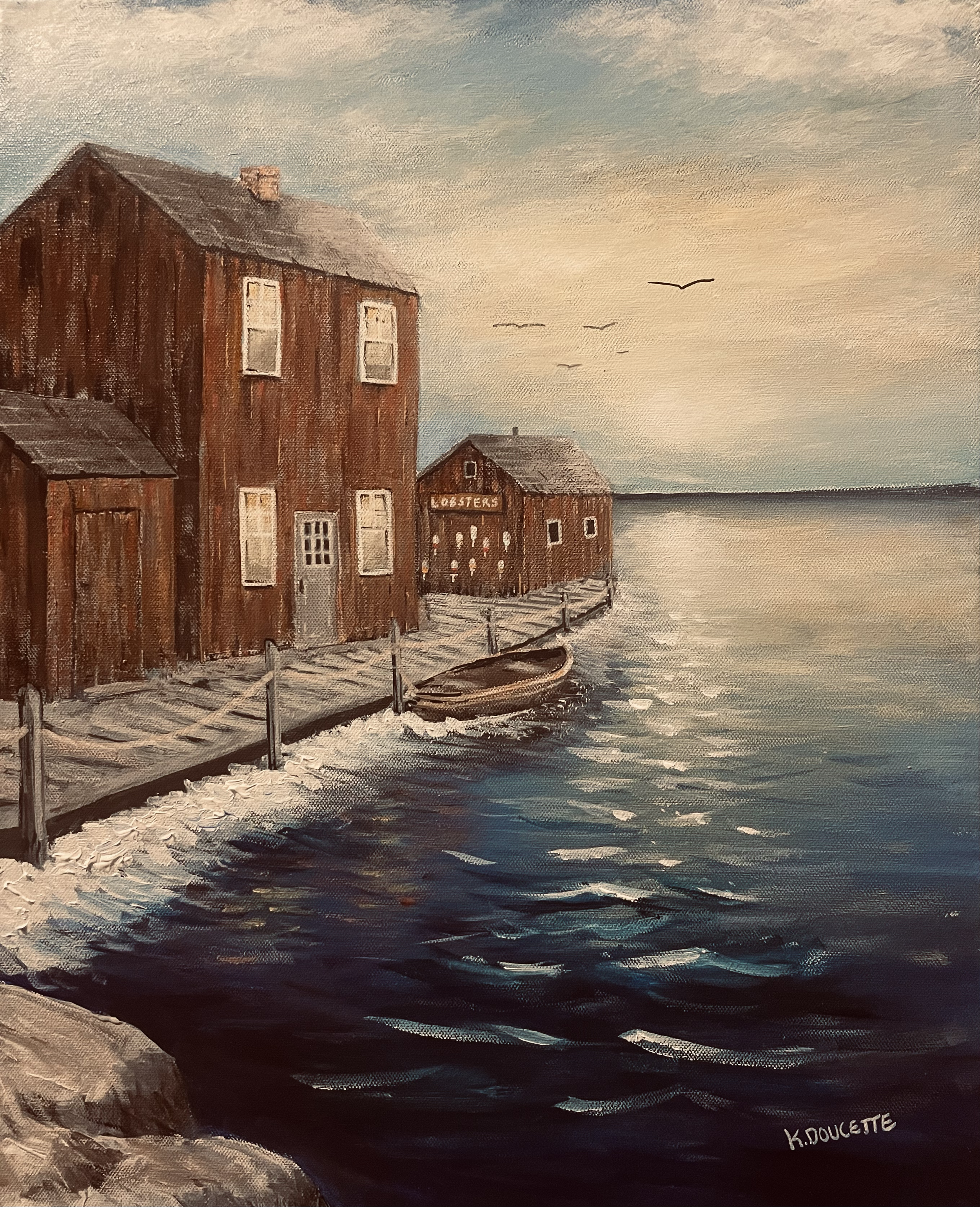 Painting of rustic wooden buildings along a waterfront, with a small boat in the water and seagulls flying in the sky.
