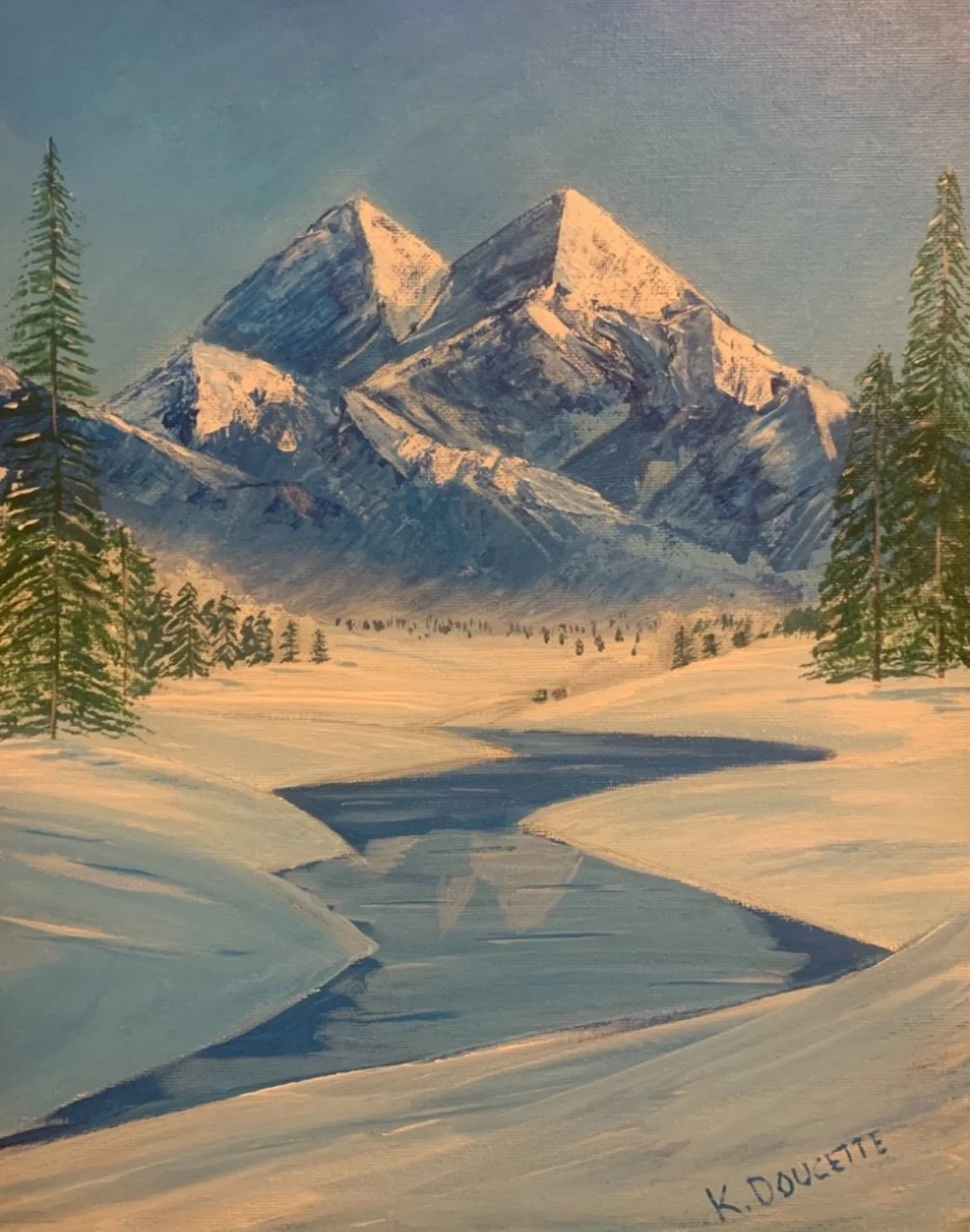 Winter landscape painting of snow-covered mountains with a river and pine trees.