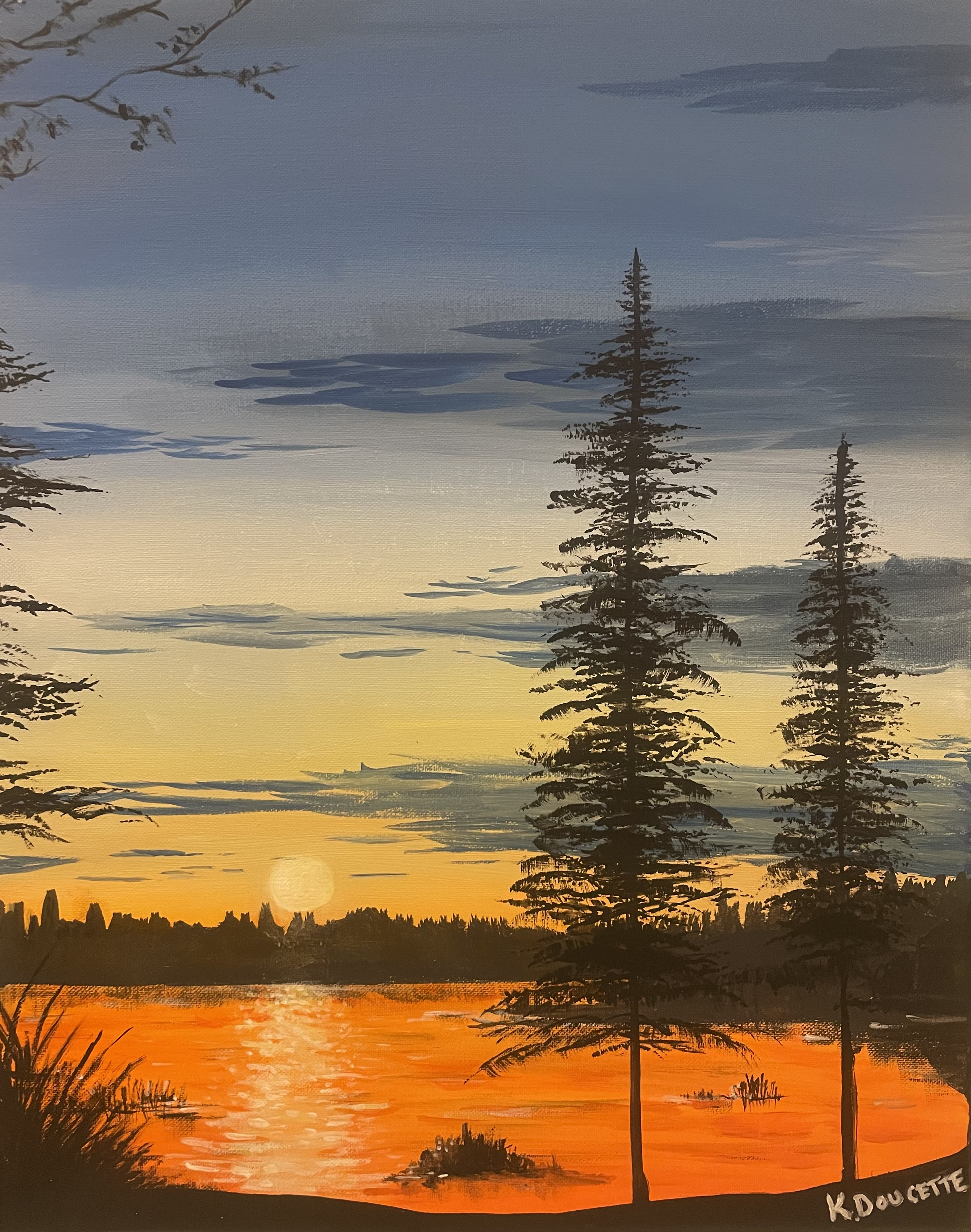Landscape painting of a sunset over a lake with silhouettes of tall trees and distant hills. The sky shows orange and blue hues, reflecting on the water's surface.