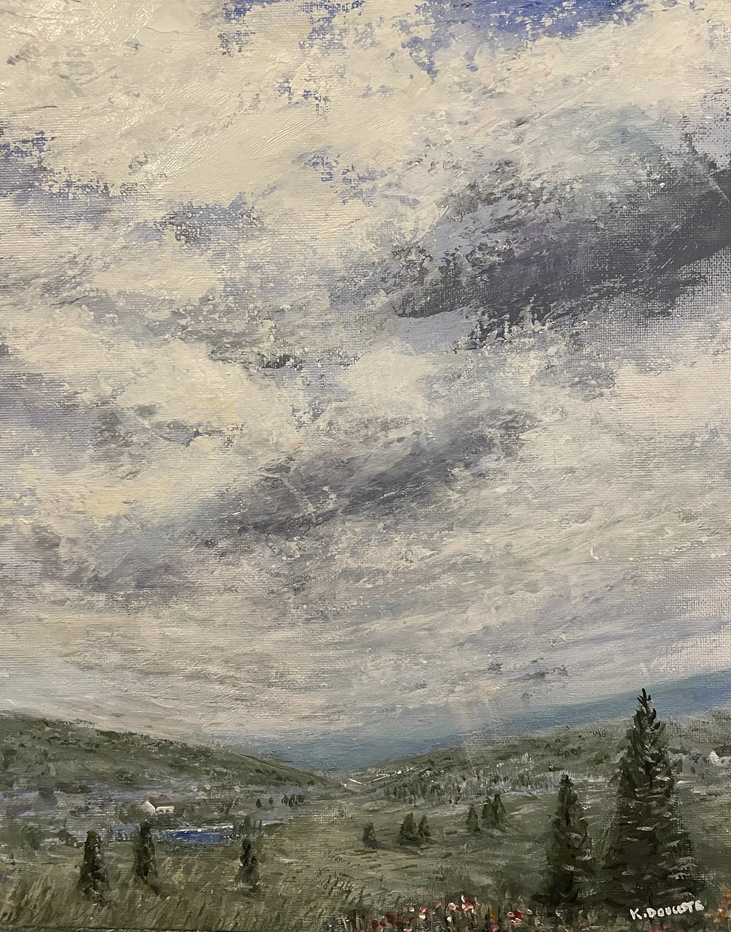 Landscape painting featuring a cloudy sky over a green valley with trees and distant hills.