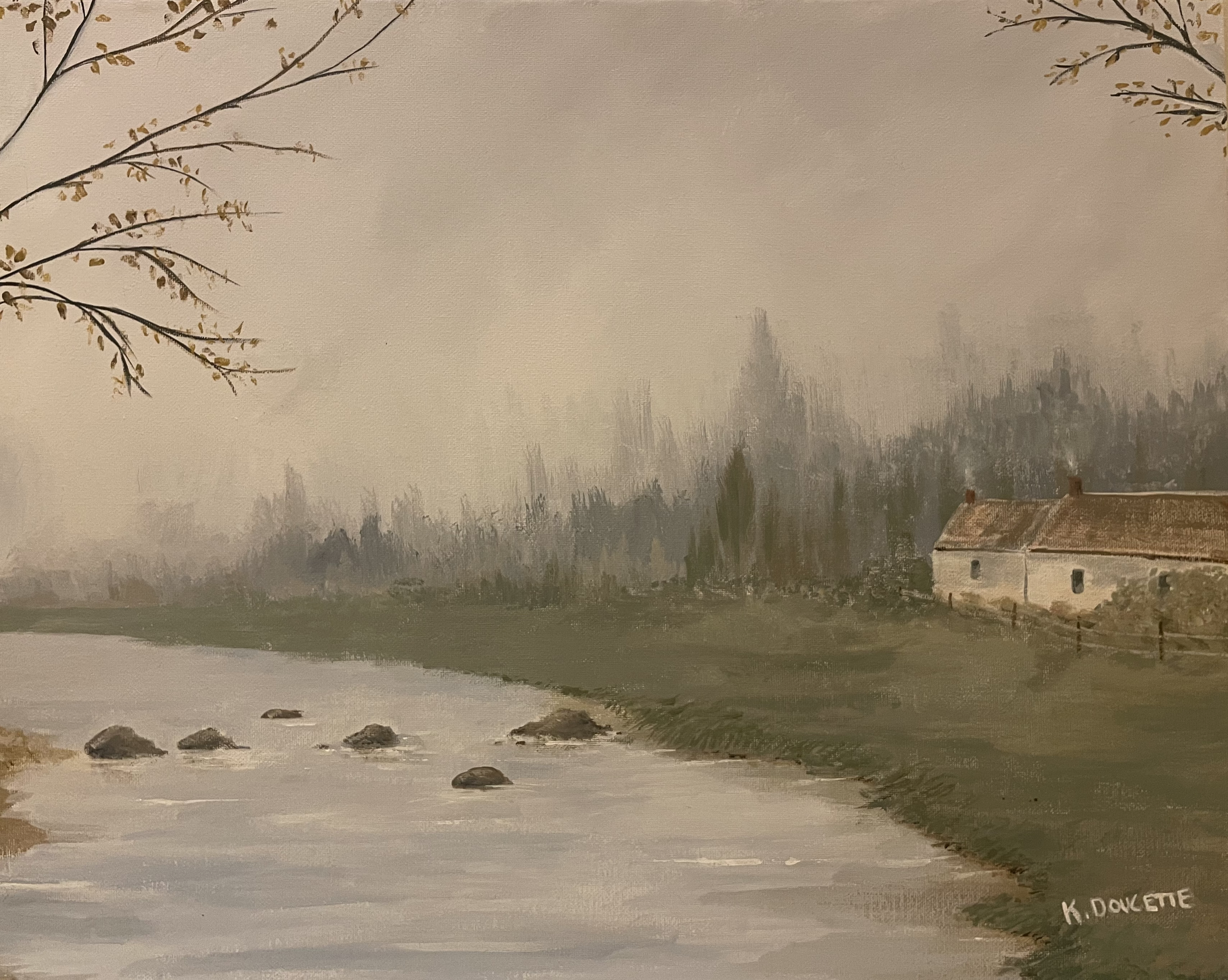 Painting of a serene landscape with a river, rocky bank, and a cottage in the background, surrounded by trees and mist.