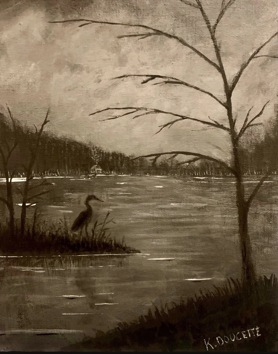 Monochrome painting of a heron standing by a lake with bare trees and a forested background.