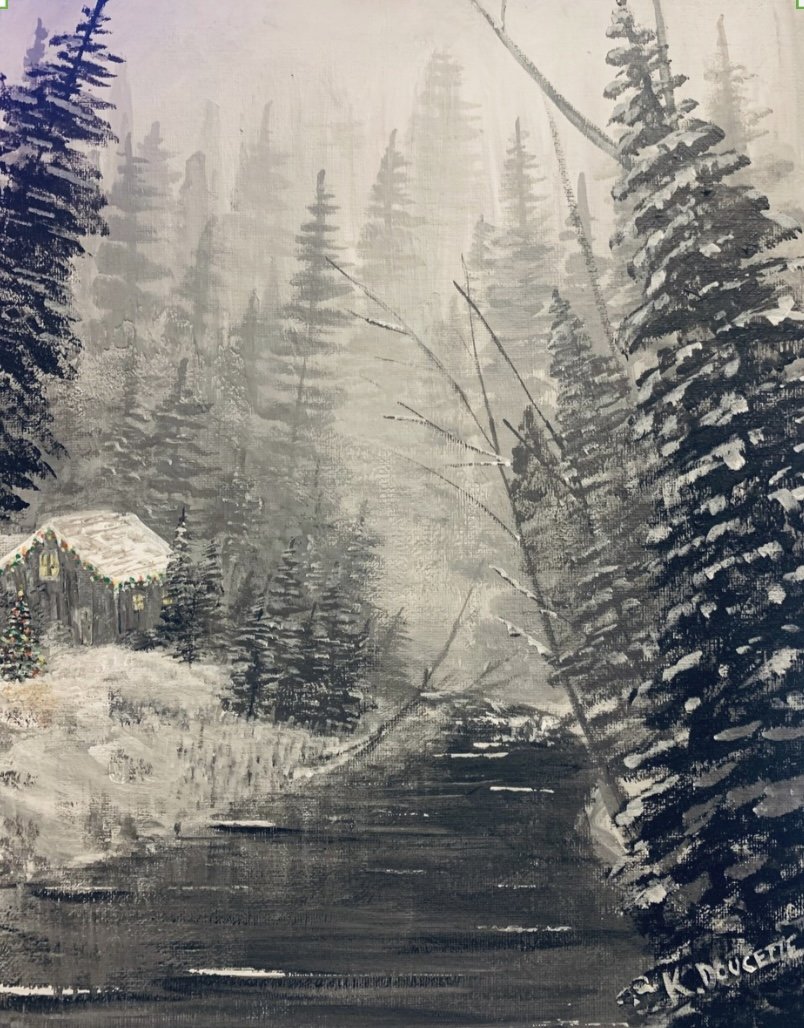 Winter landscape painting with a snow-covered cabin and trees