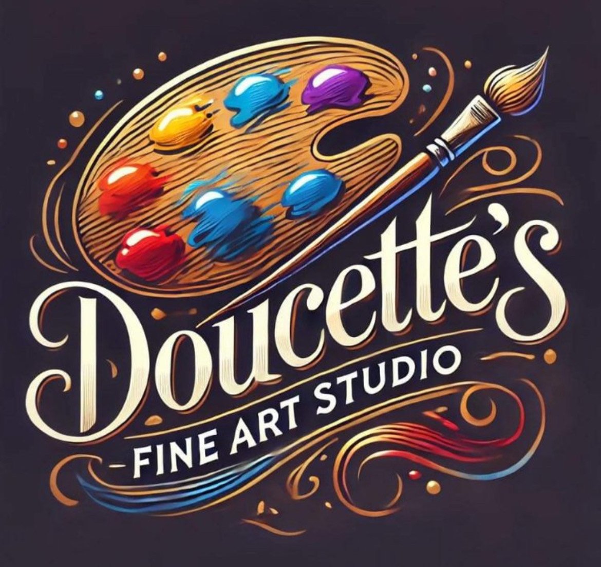 Art studio logo featuring a paint palette with colorful paint blobs, a paintbrush, and stylized text reading "Doucette's Fine Art Studio."