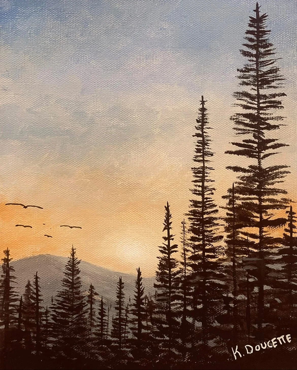 Landscape painting of tall pine trees with a mountain backdrop under a sunset sky dotted with birds, signed by K. Doucette.