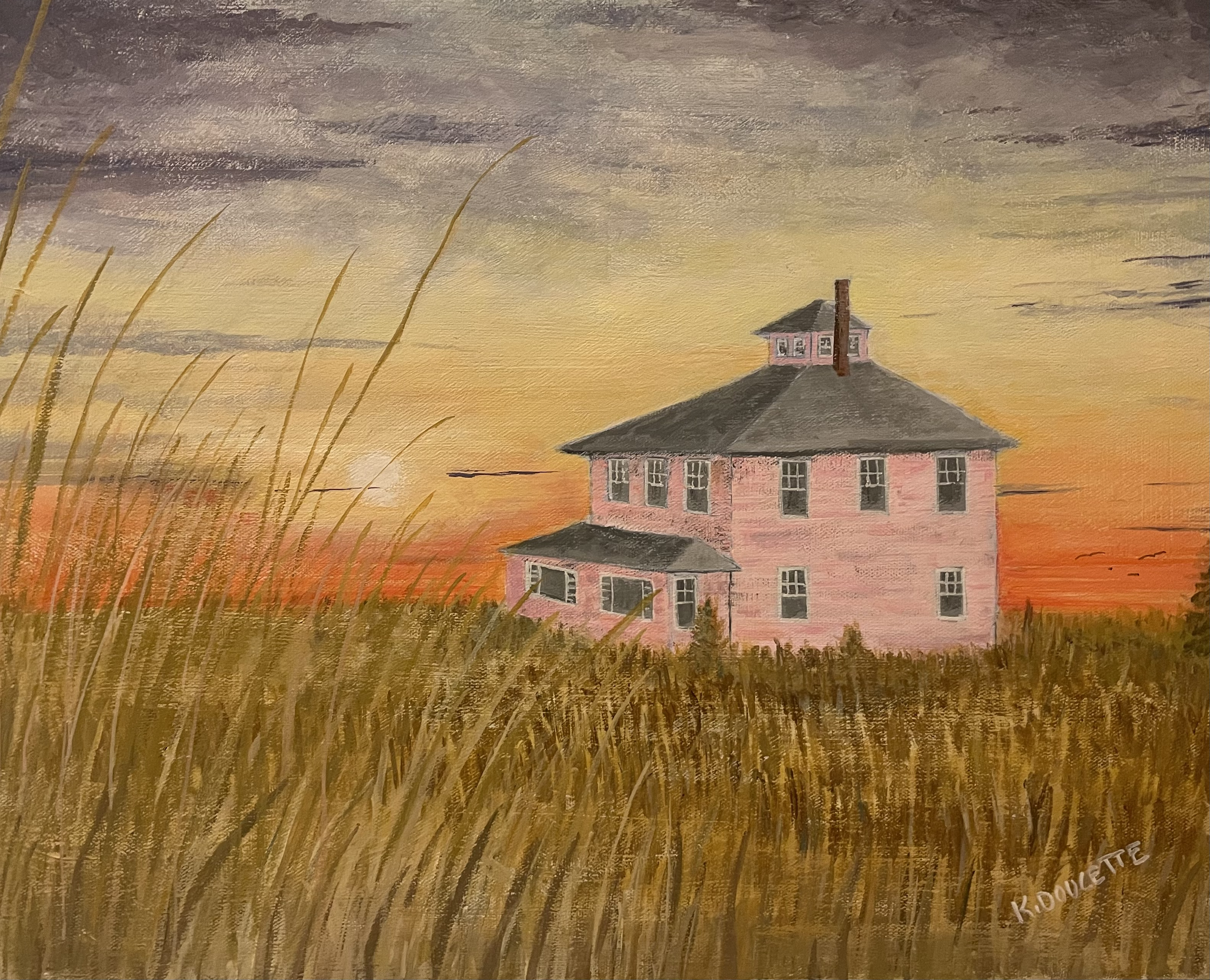 Painting of a pink house in a grassy field with a sunset sky