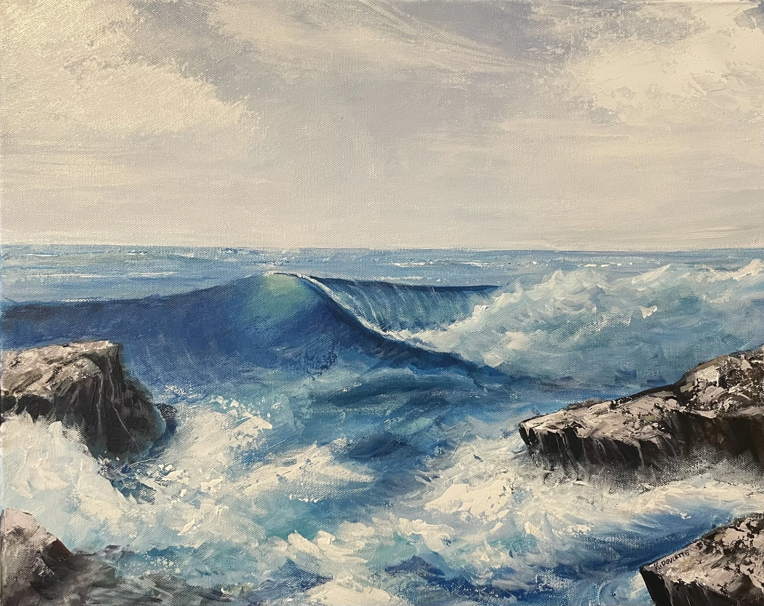 Painting of ocean waves crashing against rocky cliffs under a cloudy sky.