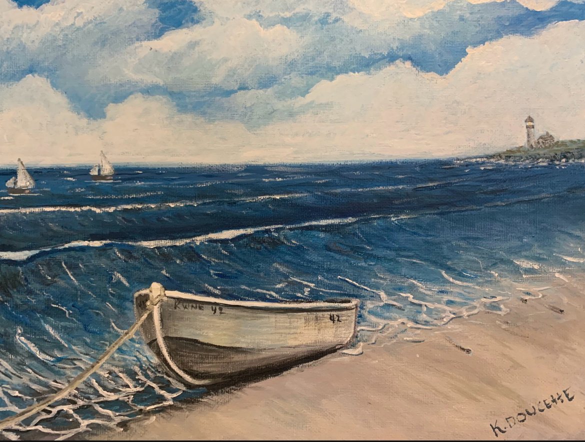 Painting of a beach scene with a small boat on the shore, ocean waves, sailboats in the water, and a lighthouse in the distance.