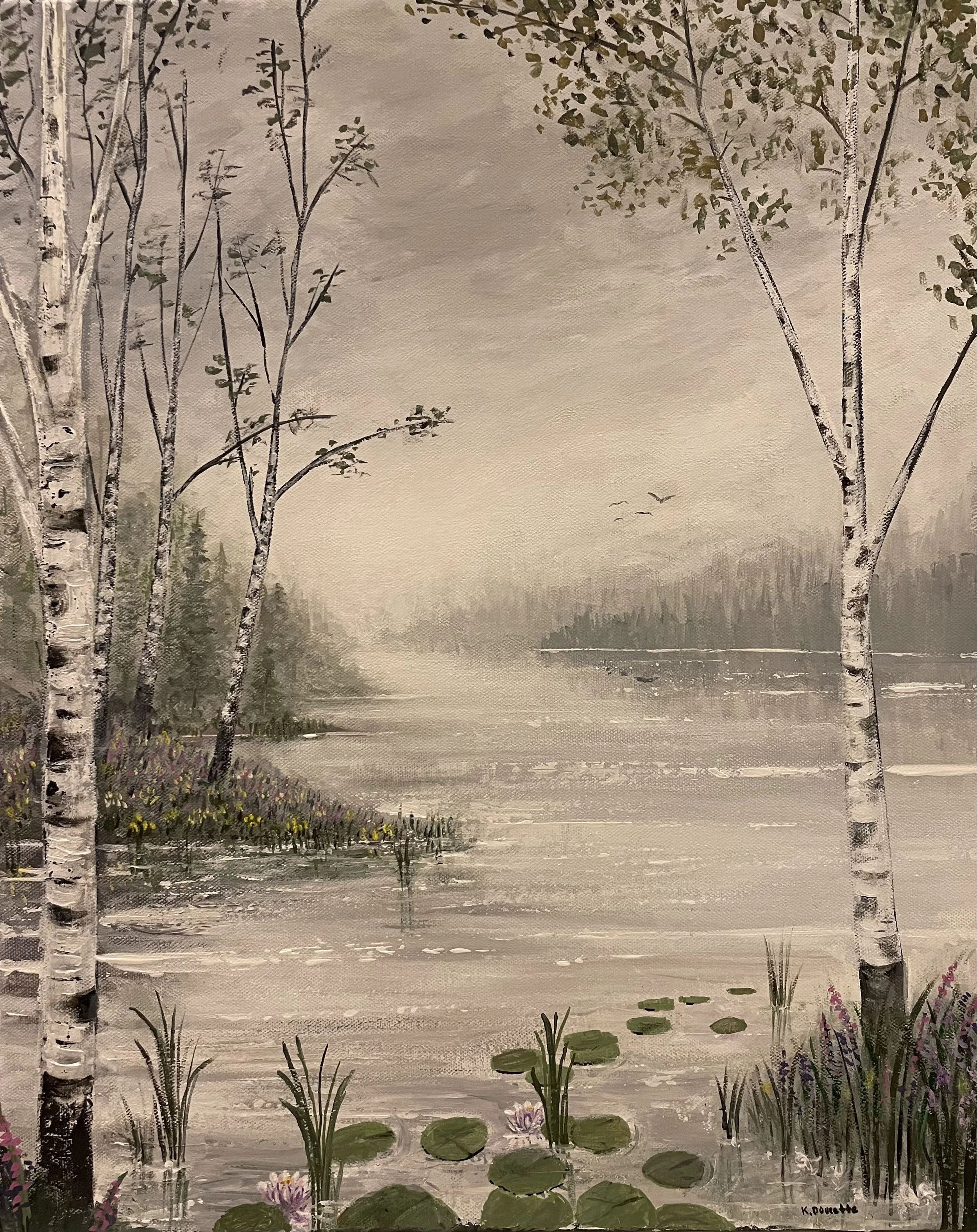 A serene landscape painting featuring a foggy lake surrounded by birch trees and lush vegetation. The scene includes water lilies, grassy areas, and a distant view of a misty forest. Overhead, a couple of birds are flying. The color palette is predom