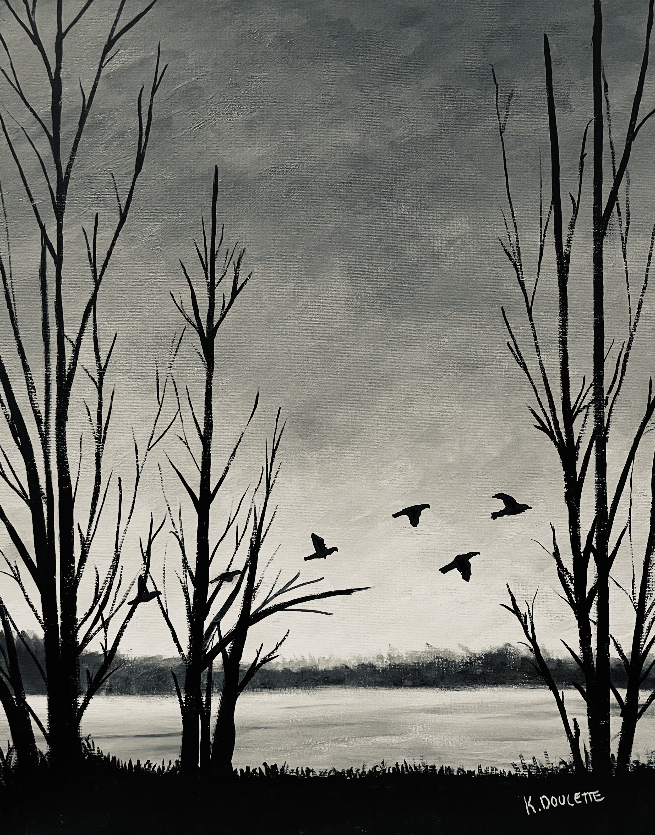 Black and white landscape painting of bare trees and flying birds over a lake.