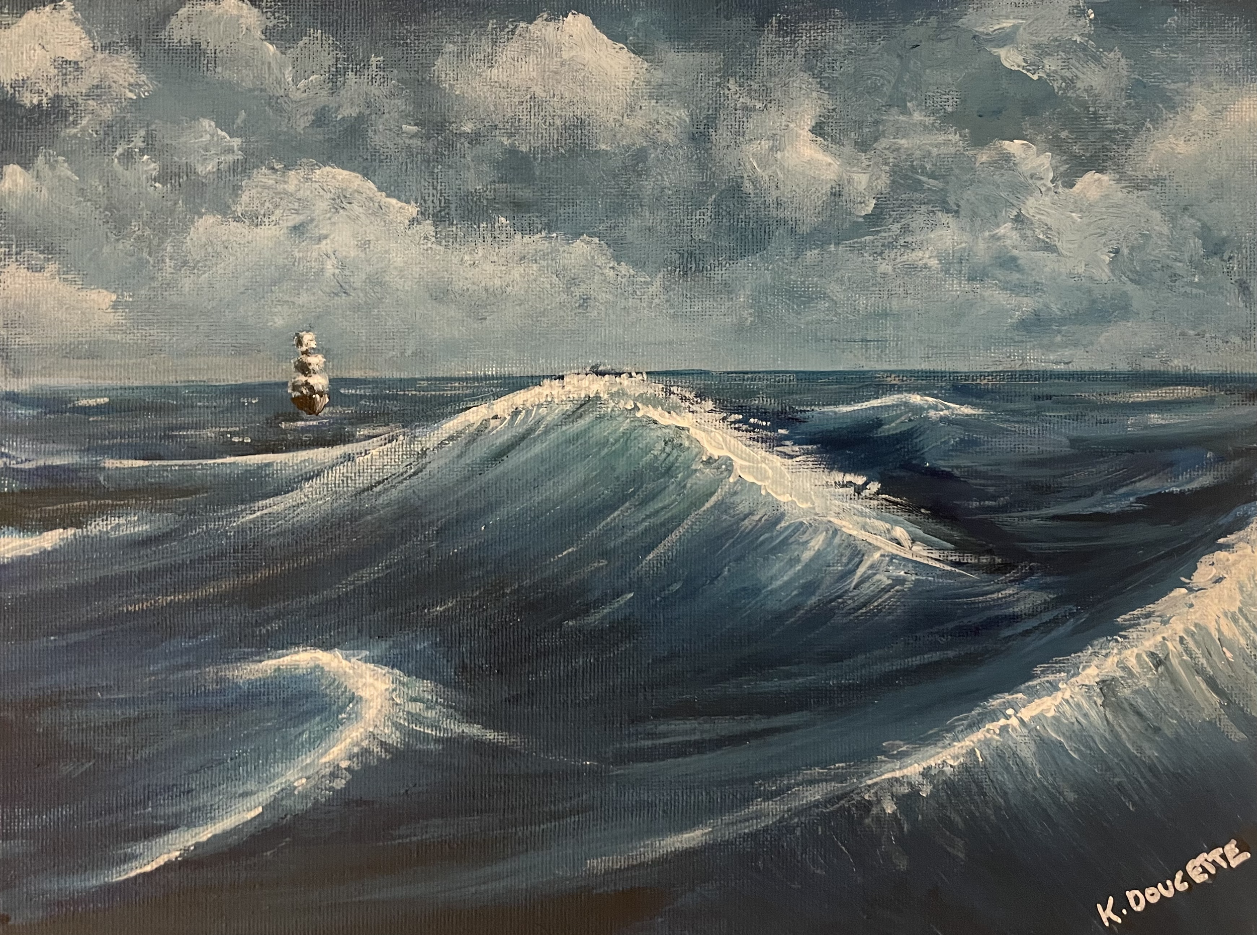 Painting of a turbulent ocean with large waves and a distant sailboat against a cloudy sky.