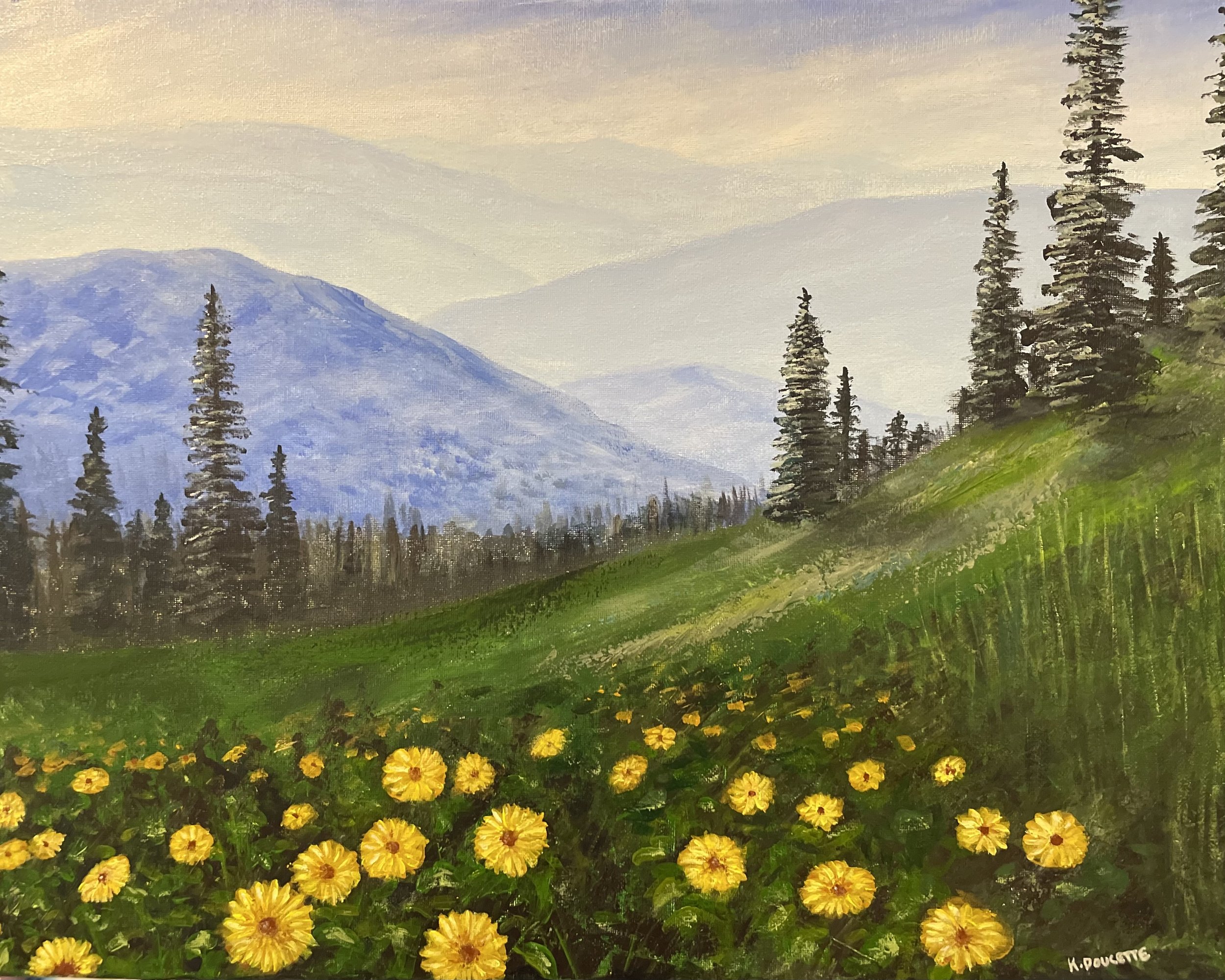 Landscape painting of a meadow with yellow flowers, green hills, and pine trees, with blue mountains in the background.