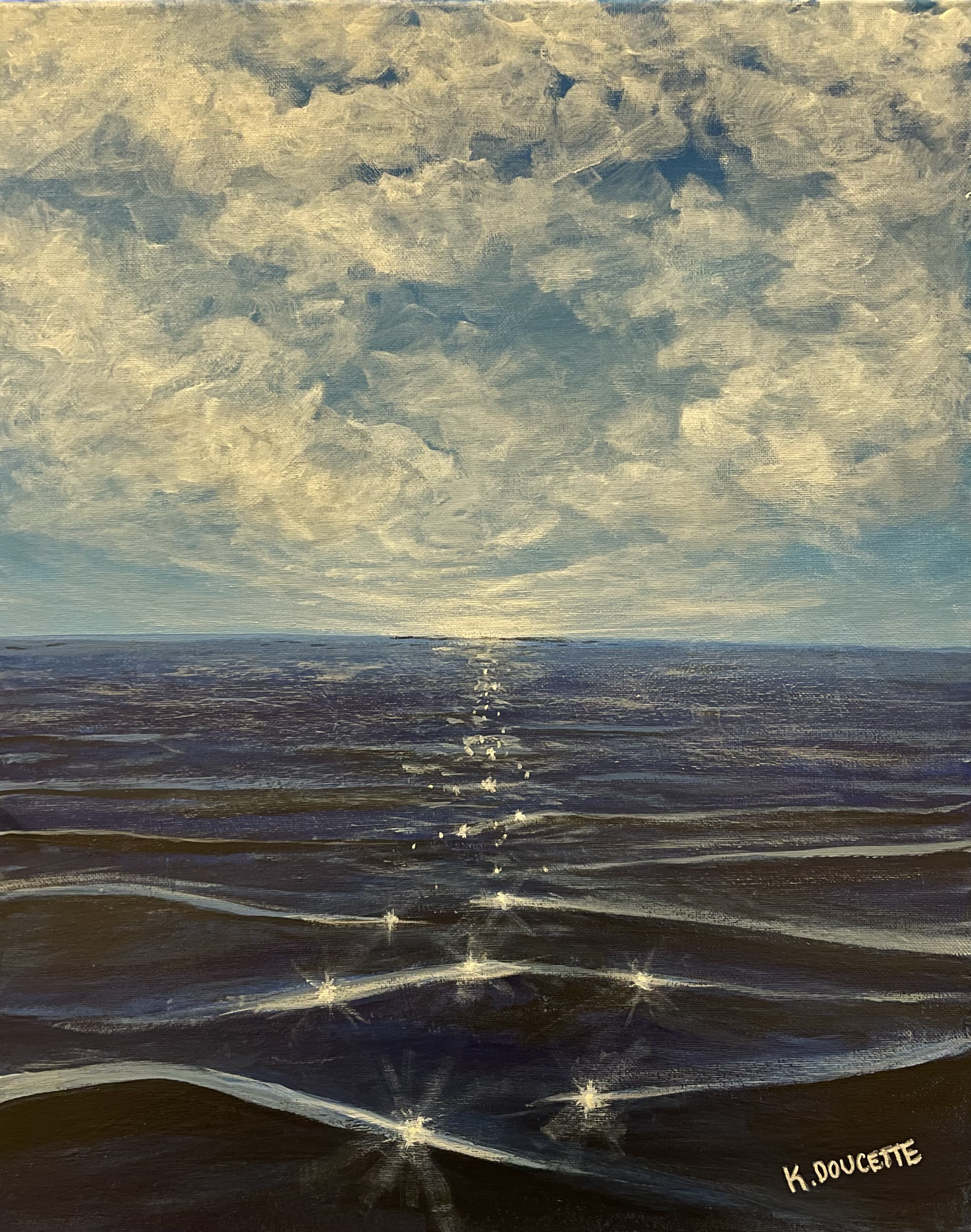 Artistic seascape painting with a calm ocean and cloudy sky, featuring sunlight reflecting off the water's surface, creating sparkles. Signed by artist K. Doucette.