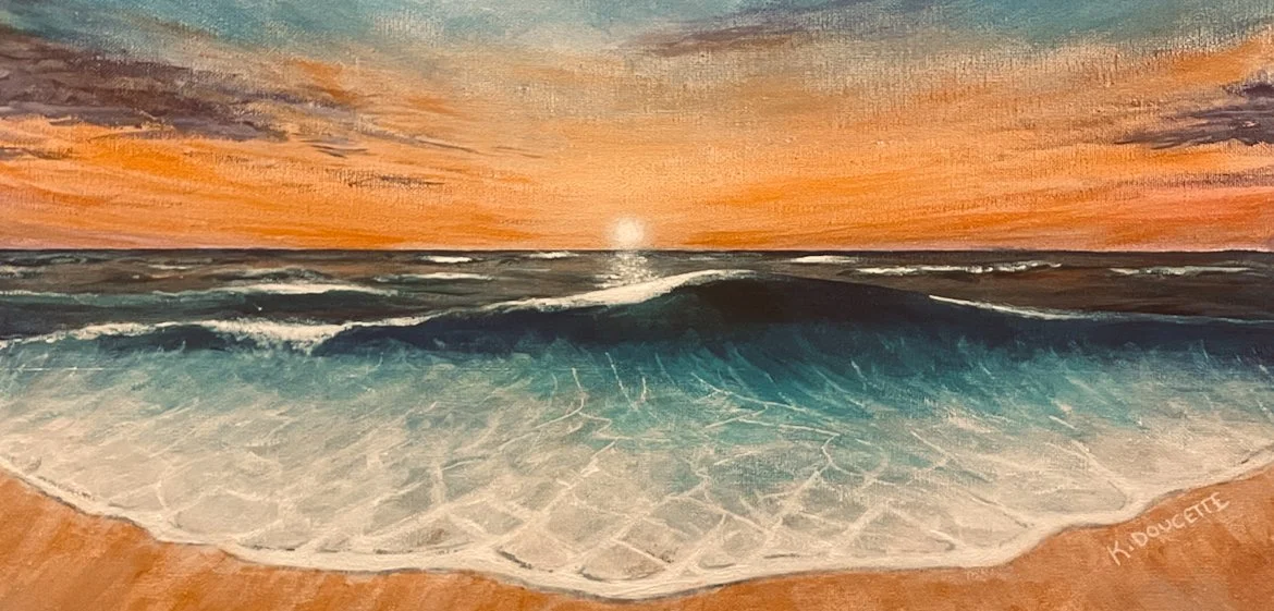 Painting of an ocean sunset with waves and a sandy beach