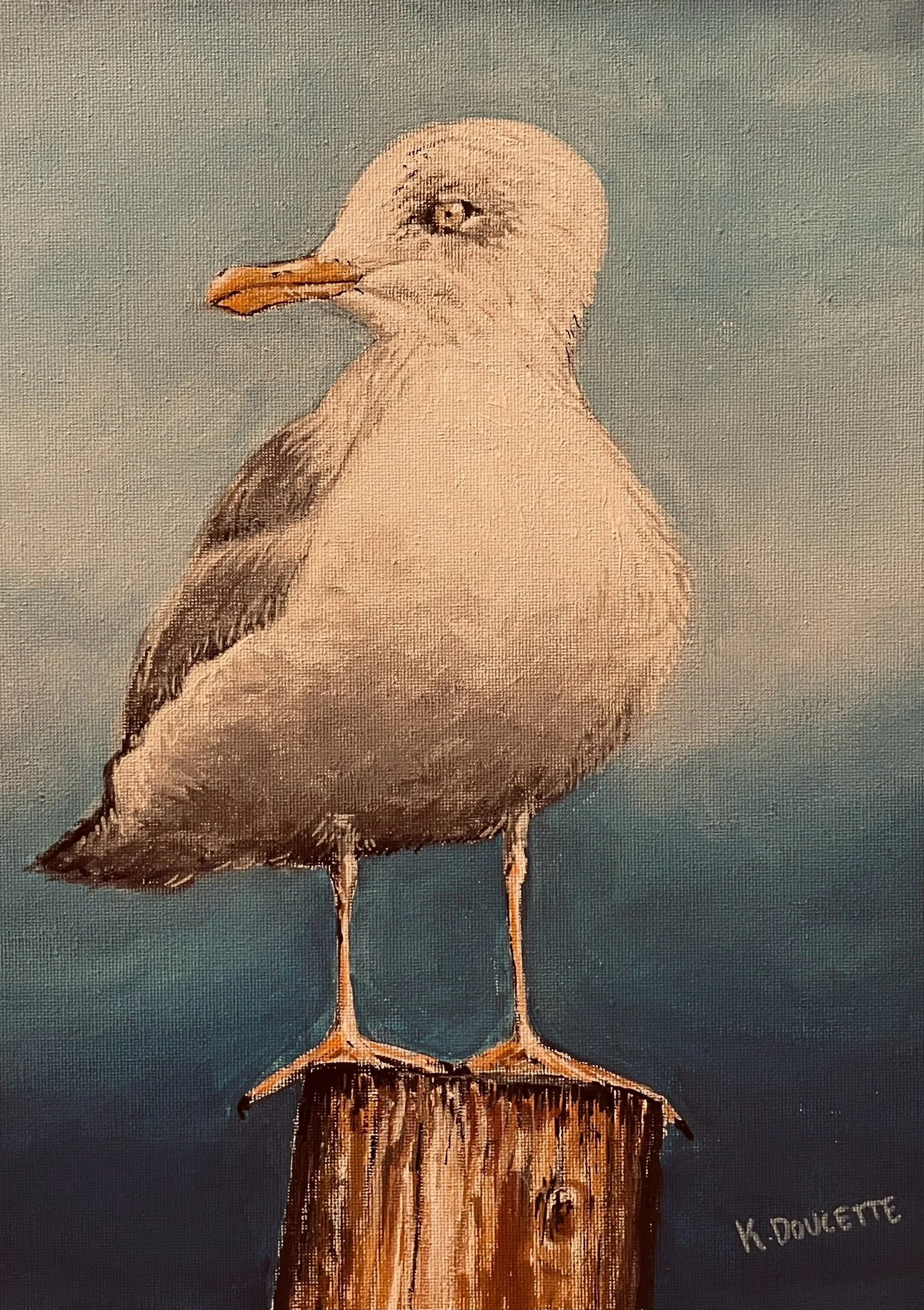 Painting of a seagull standing on a wooden post against a blue background.