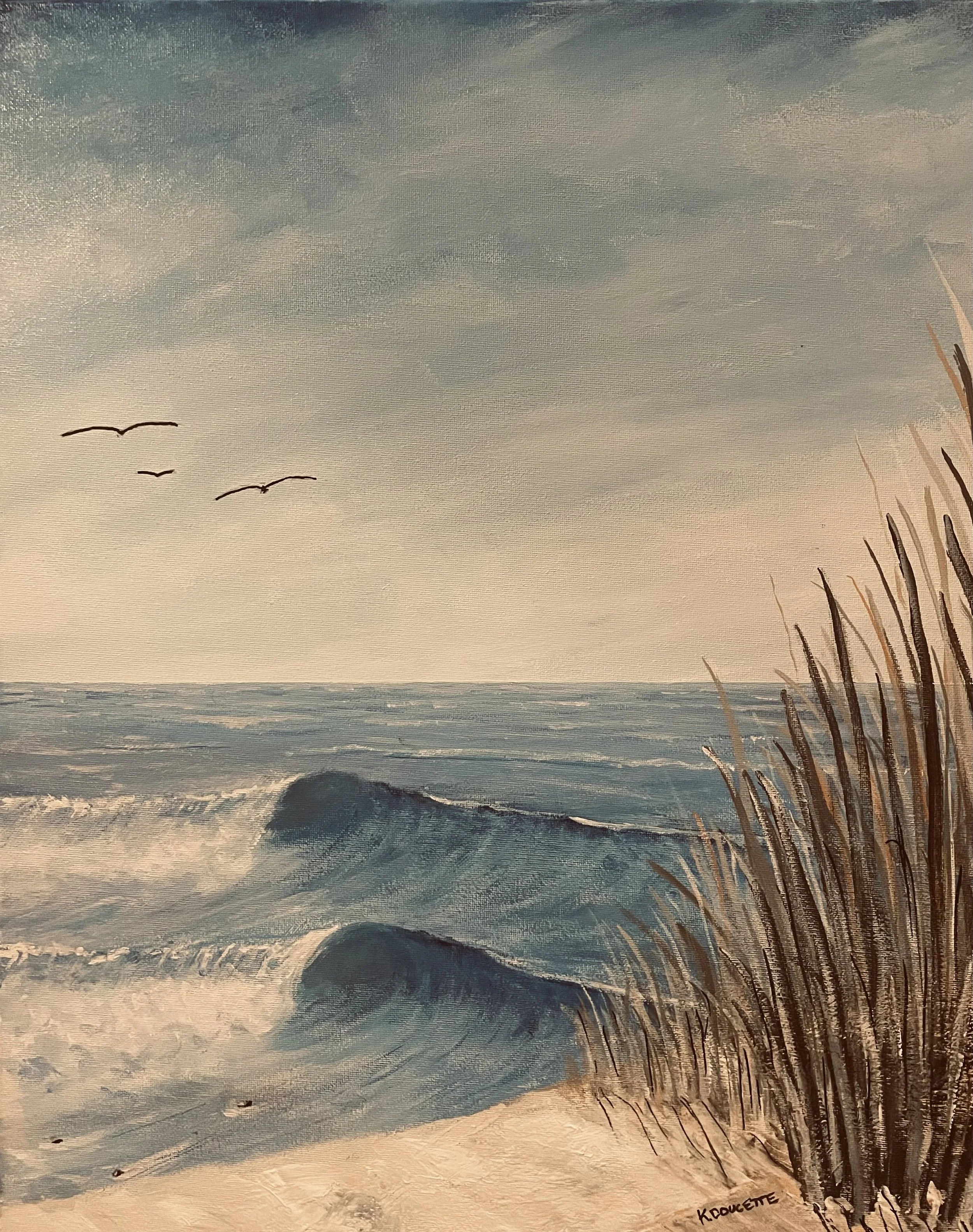 Painting of ocean waves near a sandy beach with tall grasses. Three birds are flying in the sky above the waves.